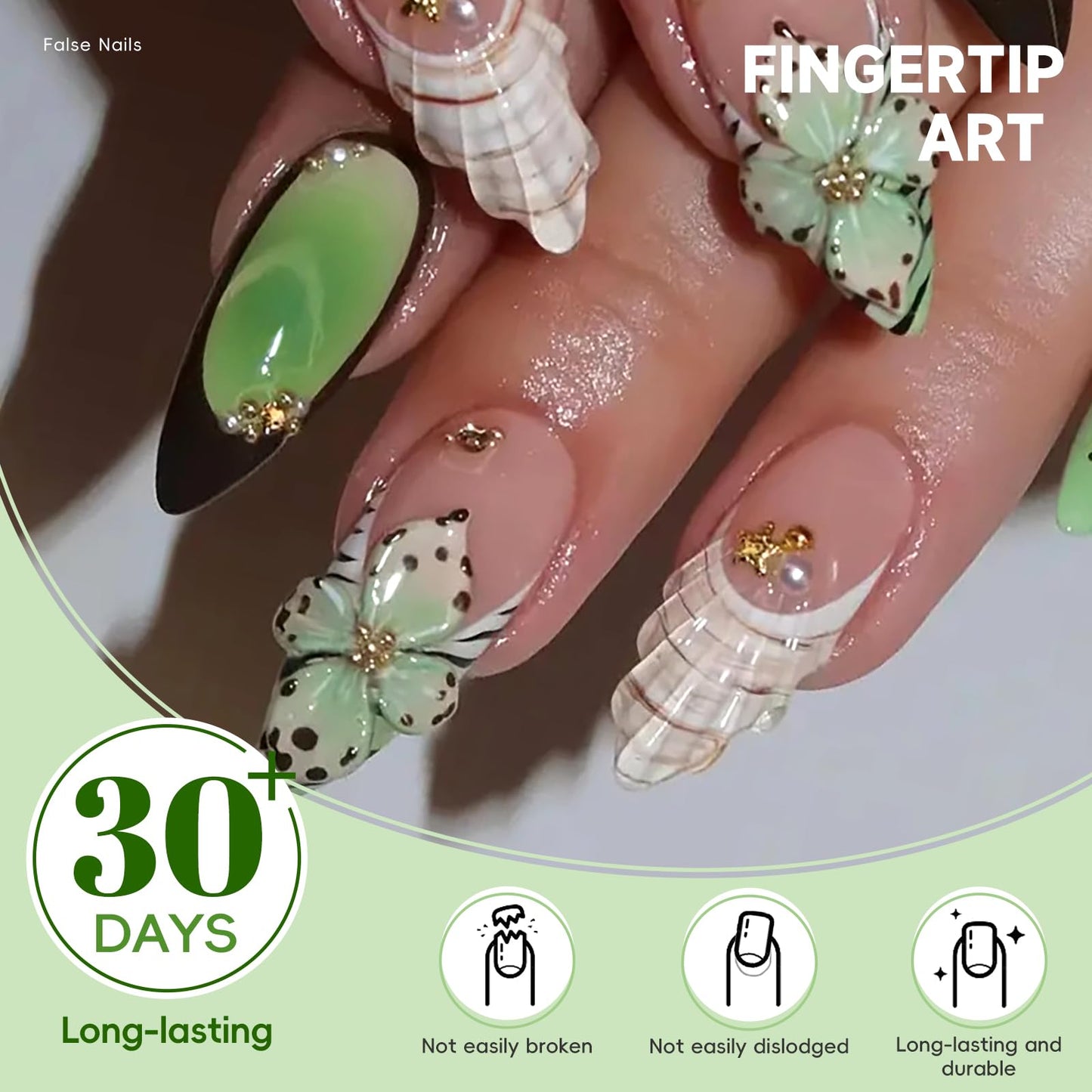 HOSAILY Green Flower Press on Nails Medium Almond, 3D Spring Summer Beach Tropical Floral Rhinestone Pearl False Nails for Women, 24Pcs Glossy Full Cover Stick on Starfish French Tip Nails with Glue