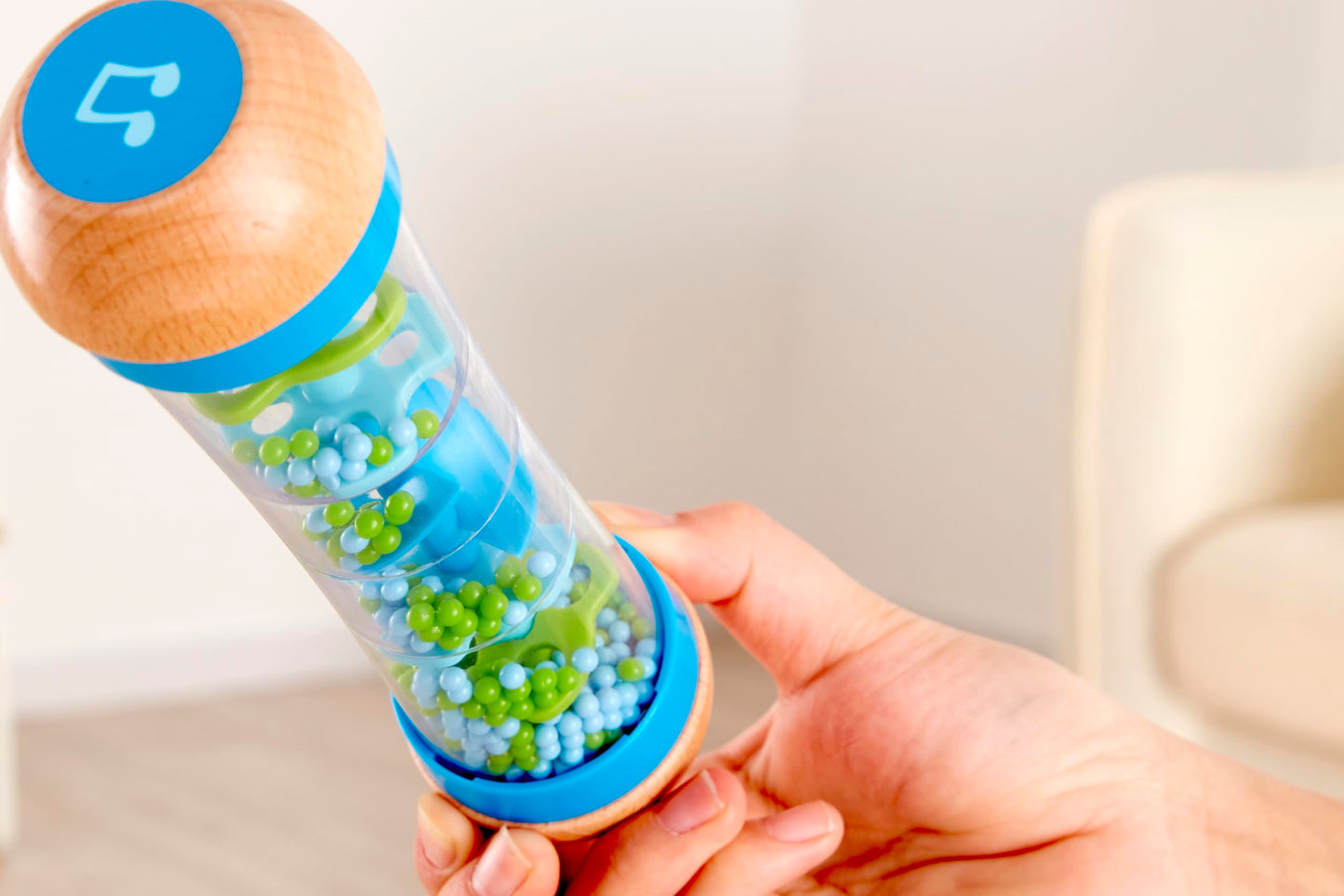 Hape Beaded Raindrops | Mini Wooden Musical Shake & Rattle Rainmaker Toy, Blue, Model Number: E0328B