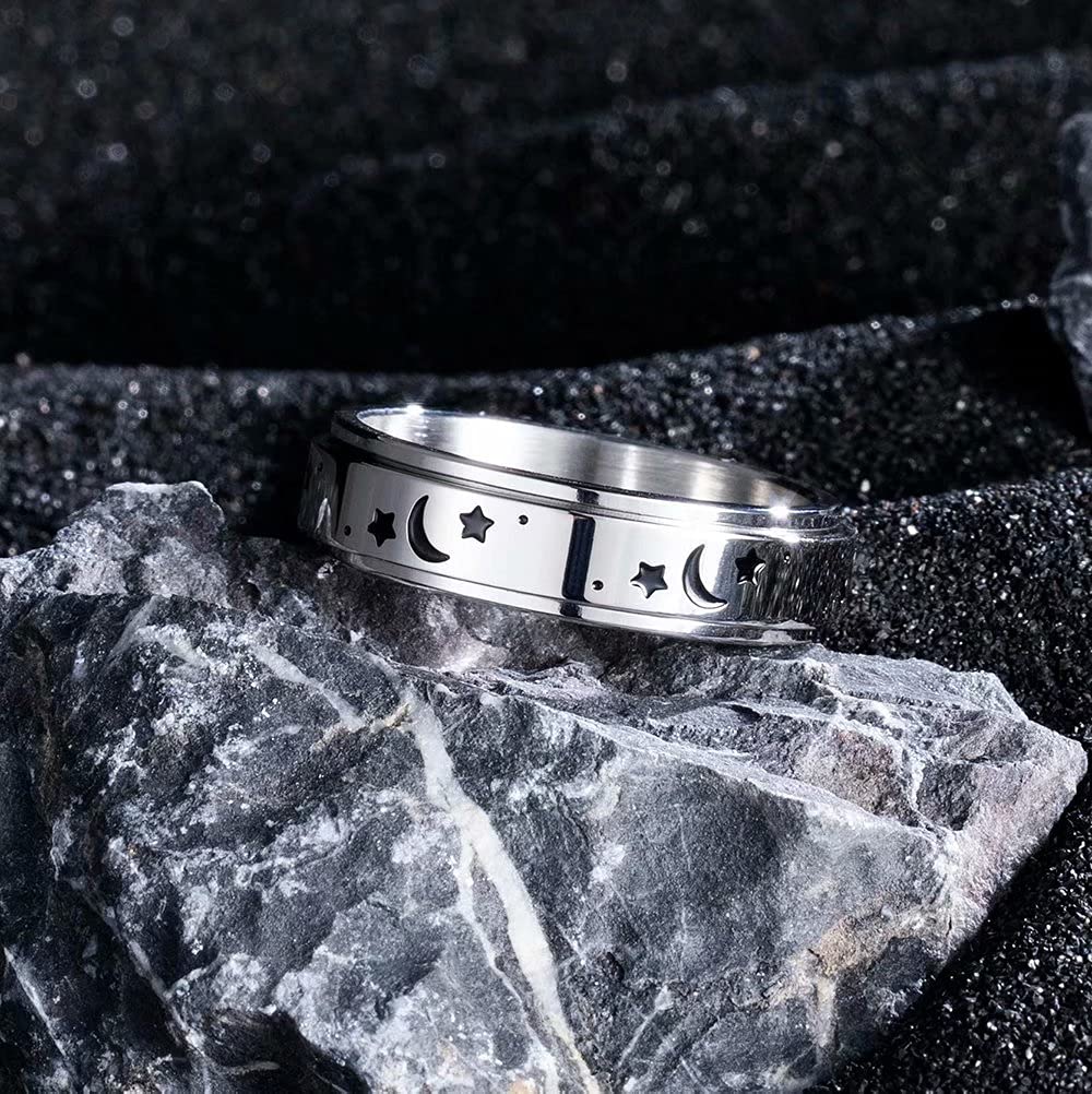 King Will 6mm Silver Stainless Steel Ring Spinner Ring Moon Star Fashion Anxiety Relief Rotatable Wedding Ring For Men Women 9