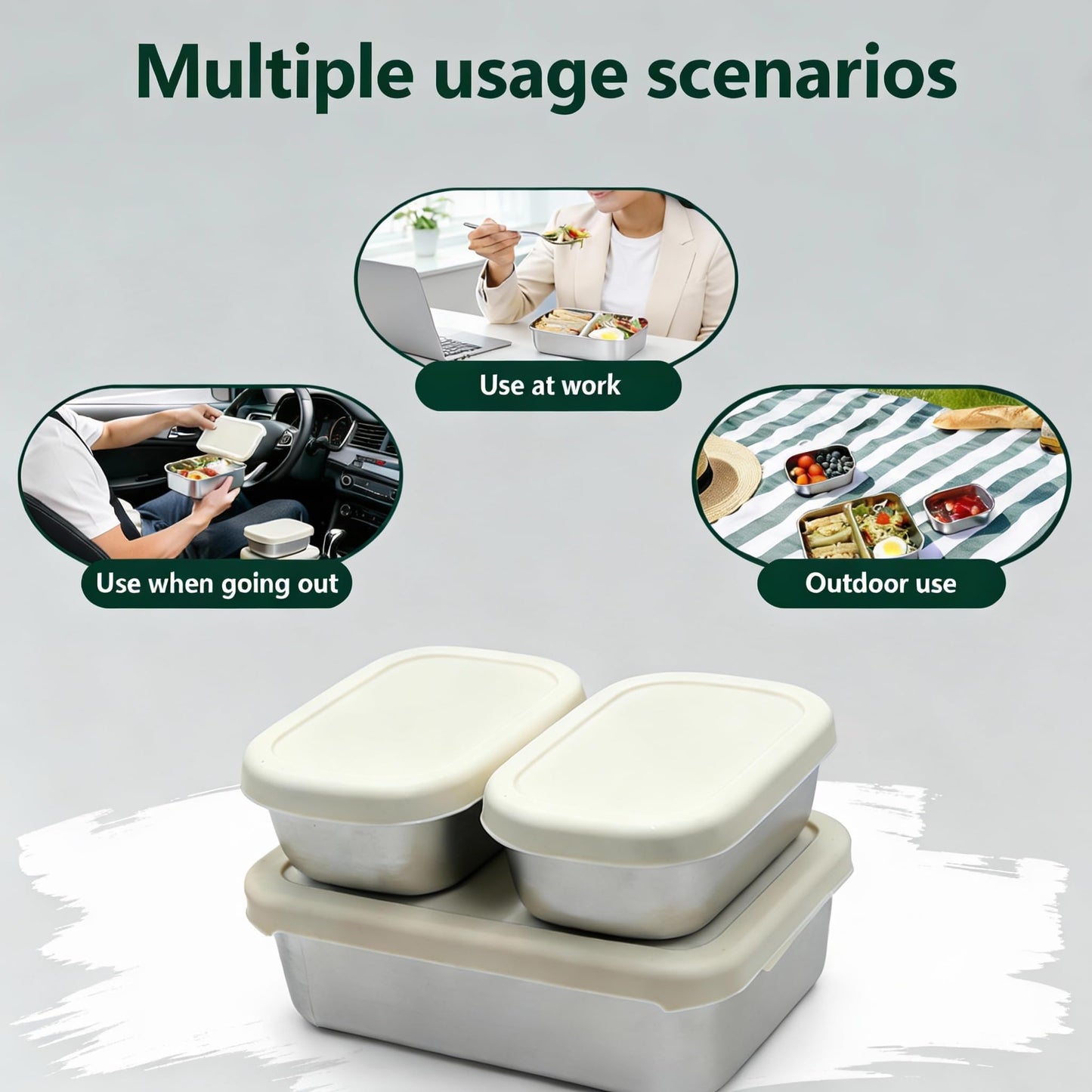 Koocovel Leak Proof Stainless Steel Bento Box Set - 3-Piece, Metal Lunch Box with Silicone Lid, Dishwasher Safe, Stainless Steel Lunch Box Containers for Home, Office, Camping (1 x 34 oz + 2 x 8.8 oz)