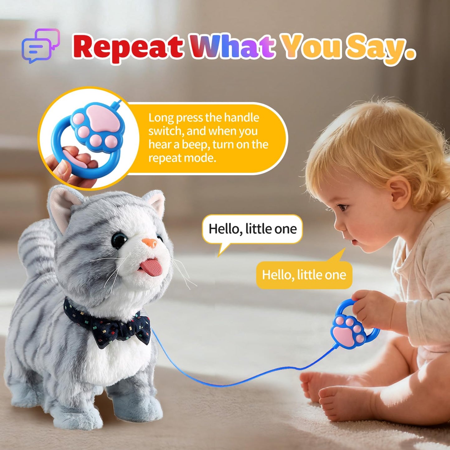 Gray Walking Cat Toy for Girls Kittens Interactive Talking Cat Meows Singing Dancing Mimicking Kitty Toys Set for Baby with Leash Plush Electronic Robot Kitties for Kids Toddlers
