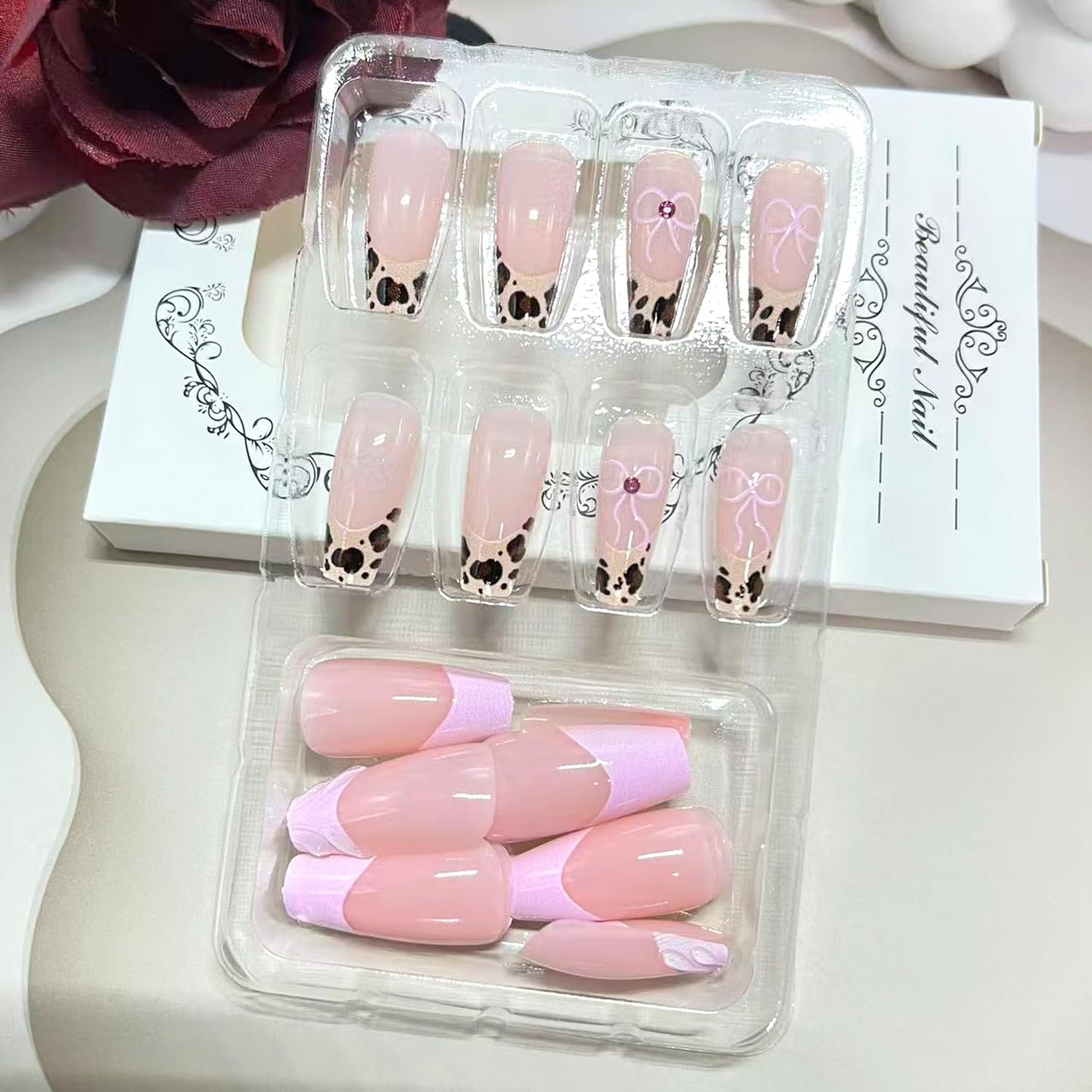 Vopintpy Leopard Print French Tip Press on Nails Long Square Fake Nails with Design Glossy Acrylic Glue on Nail Reusable Full Cover Artificial Stick on Nail for Women DIY Manicure