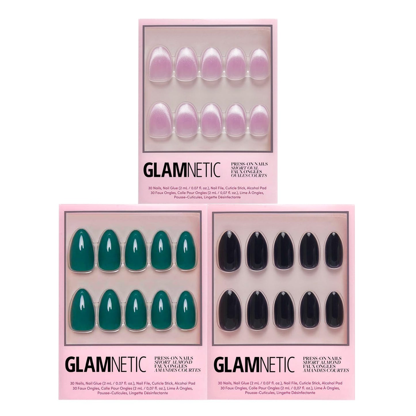 Glamnetic Press-On Nails Bundle - Emerarld Green, Boba & Fairy Dust | Opaque Deep Green Almond False Nails | Opaque Black Almond Fake Nails | Oval Beige-Pink Nails