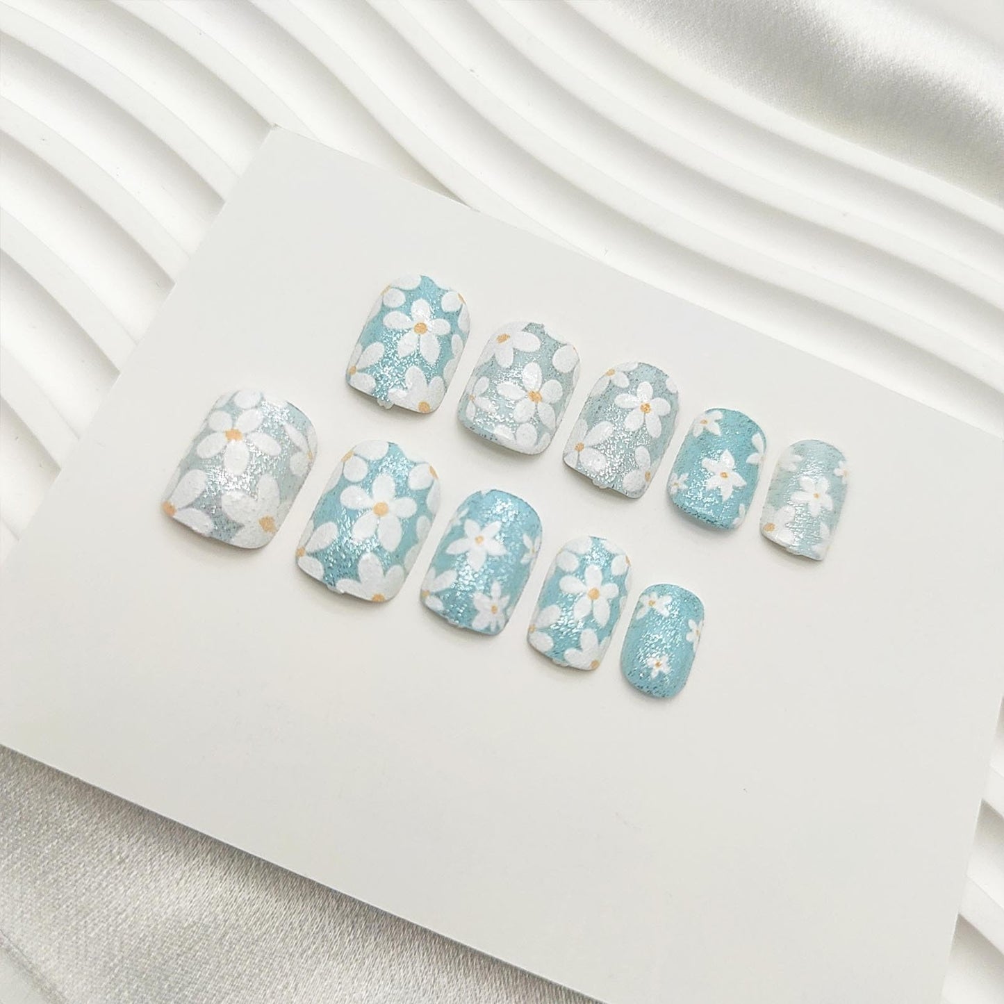 Blue Press on Nails Short Square Fake Nails with Flower Glitter Designs Spring Nails Press ons White Glue on Nails Summer Acrylic Nails Cute Floral Stick on Nails for Women 24Pcs