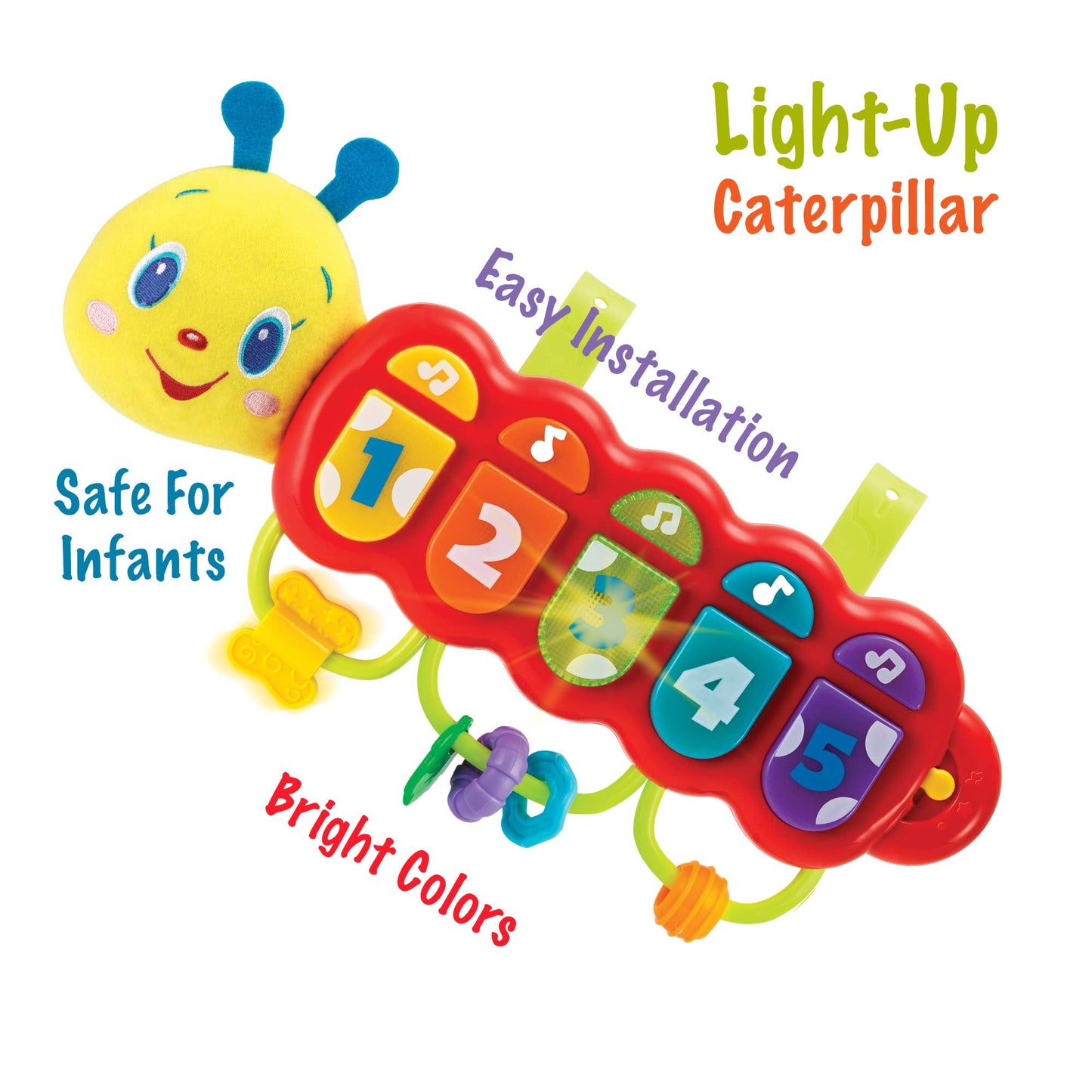 KiddoLab Lira Baby Musical Toy with Lights & Music – Interactive Caterpillar Spinner & Stacking Rings for Infants 3+ Months – Soft Stuffed Animal Head for Sensory Play