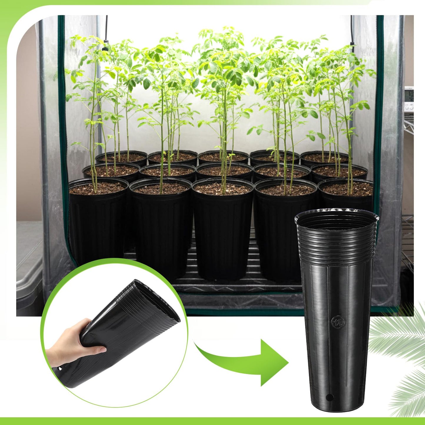 Ferrochef 100 Pack Tall Tree Pot 11.8'' x 4.7'', Black Plastic Deep Nursery Pots, Soft Deep Seedling Pots for Seed Starting, Plant Starter Cups with Drainage Holes for Flowers, Cutting & Transplanting