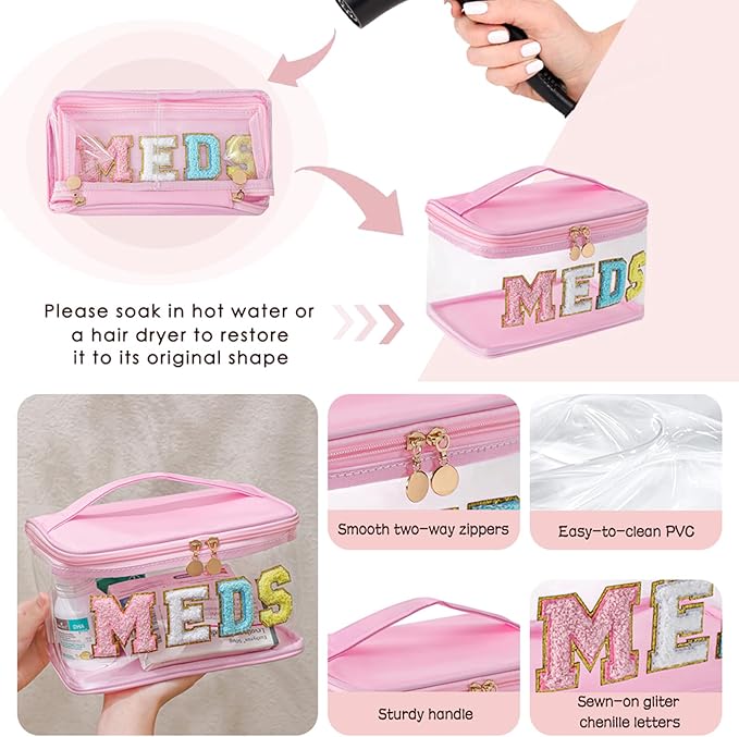 Large Waterproof Chenille Letter Medicine Clear Makeup Bag, Transparent PVC Nylon Preppy Patch Cosmetic Bag with Handle, Portable Meds First Aid Travel Organizer Cosmetic Bag (05MEDS-Hot Pink)