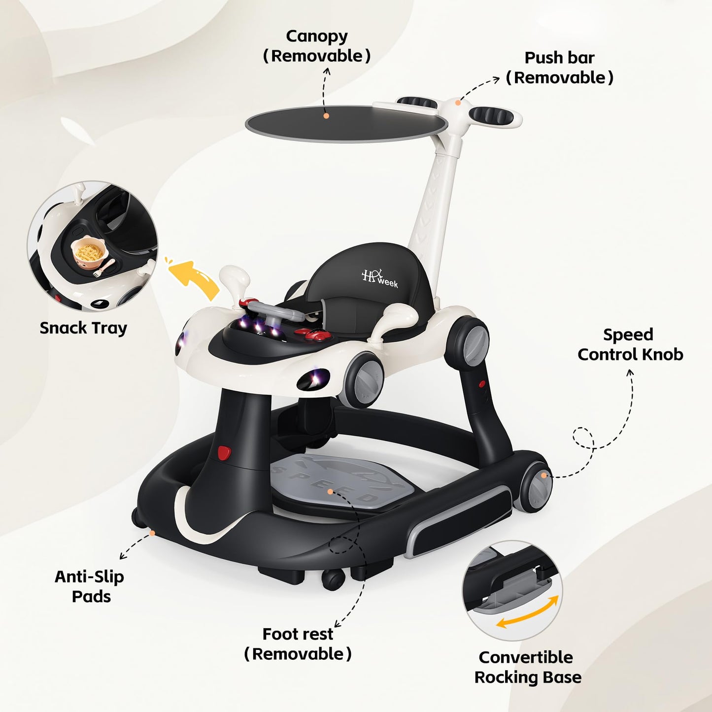 Baby Walker with Wheels, 7-in-1 Foldable Baby Walkers for Boys Girls 6-12 Months with Feeding Tray & Music, Lights,Rocker,Sun Canopy, Bouncing Pedal, Adjustable Wheel Speed, Push Walker (Black)