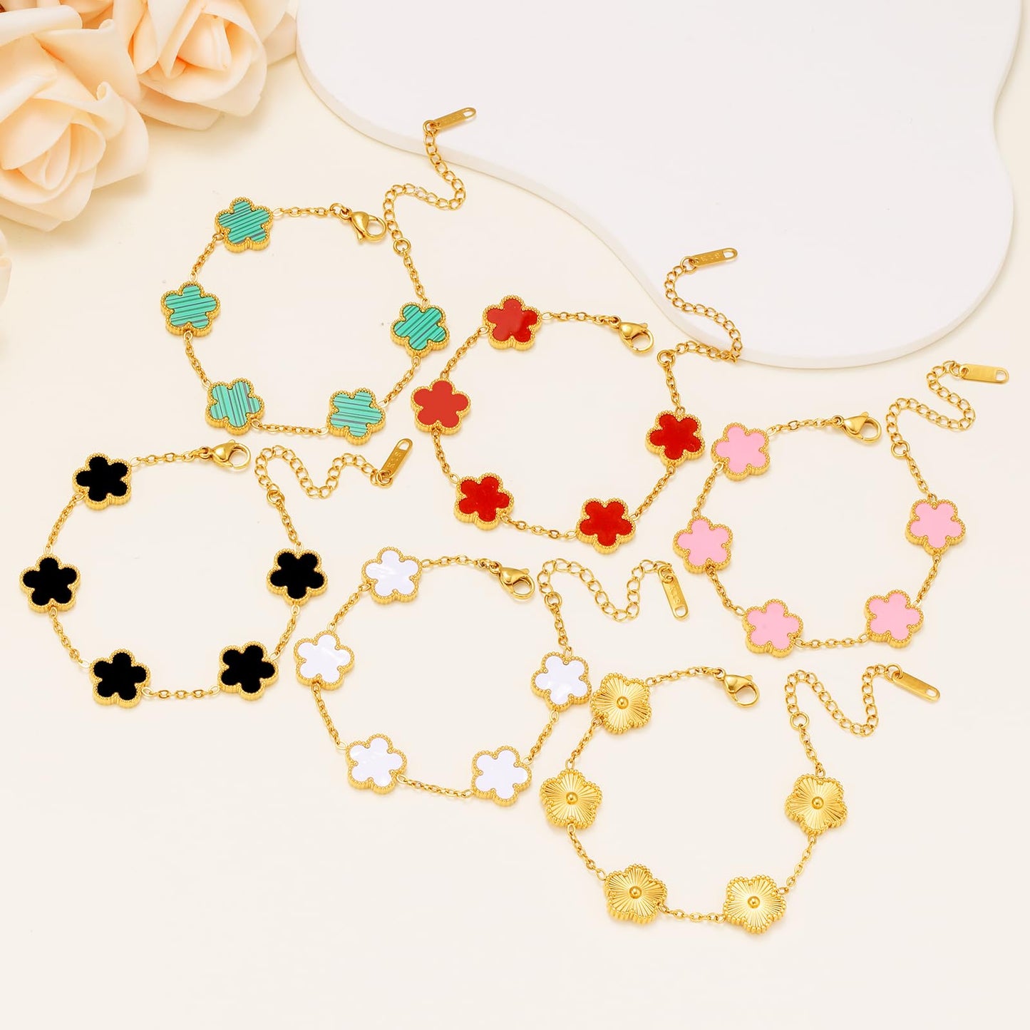 18K Gold Plated Womens Stackable Floral Bracelets Set,Twisted Cable Bangle,Trendy Jewelry,Waterproof adjustable bracelet,Christmas Birthday Gifts for Girlfriend or Mother. (08- 6Pcs Gold Floral A)