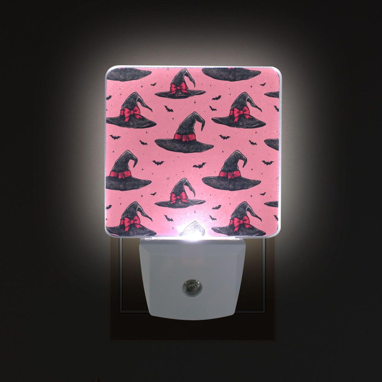Halloween Witch Pink Bow Happy Halloween LED Sensor Night Light Set of 2 Happy Black Bat Castle Moon Spooky Ghost Boo with Adjustable Brightness Eye-Caring for Home Bedroom Office Parlour