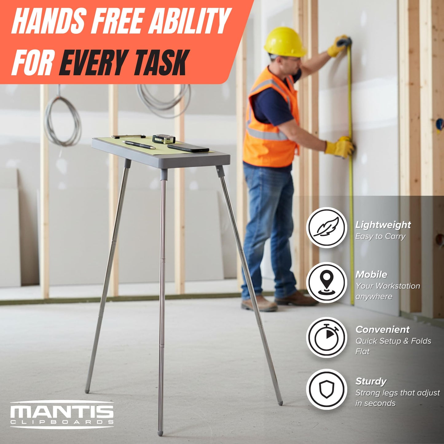 Mantis Self Standing Clipboard - Light Note Taking Clip Board with Retractable Legs, Letter/ A4 Size, for Contractor, Teacher, Nurses