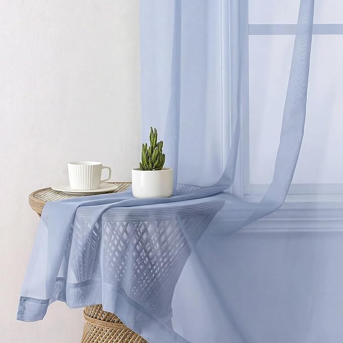 Lecloud Denim Blue Sheer Curtains 72 Inches Long 2 Panels, Rod Pocket Light Filtering Curtains for Living Room Bedroom Dining Room, Voile Farmhouse Solid Drapes for Windows, Each Panel 42" W x 72" L