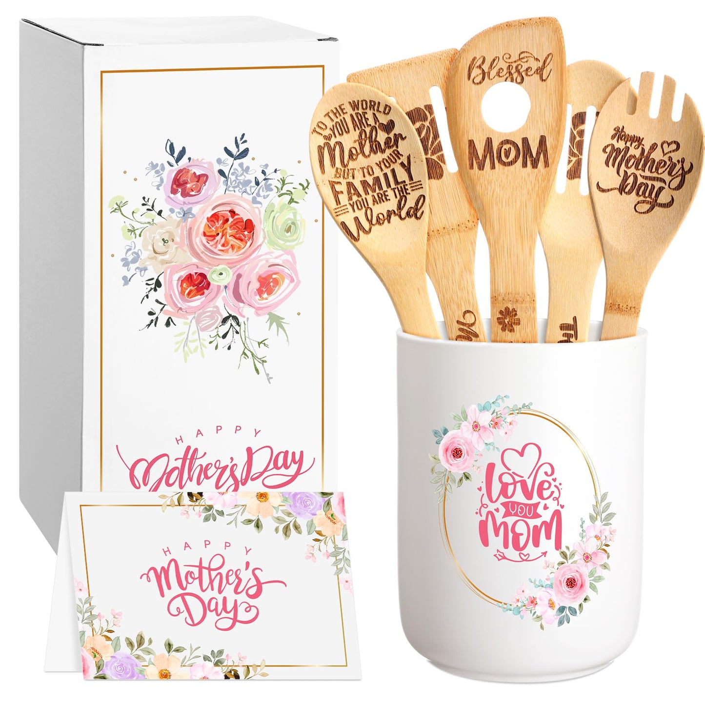 Baderke 8 Pcs Mother's Day Gifts for Mom Ceramic Utensil Holder with Wooden Spoon Set Kitchen Gadget Utensil Wooden Spatulas Set Cooking Mom Gift Cooking Tool for Hostesses Warming Kitchen Accessories
