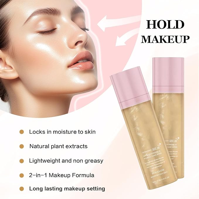 Sheer Setting Mist Sunscreen SPF 50 for Face & Body, Broad Spectrum Shimmering Body Oil Mist, Hydrating Makeup Friendly Glow Spray, Non-Greasy, Fast-Absorbing, Waterproof Long Lasting