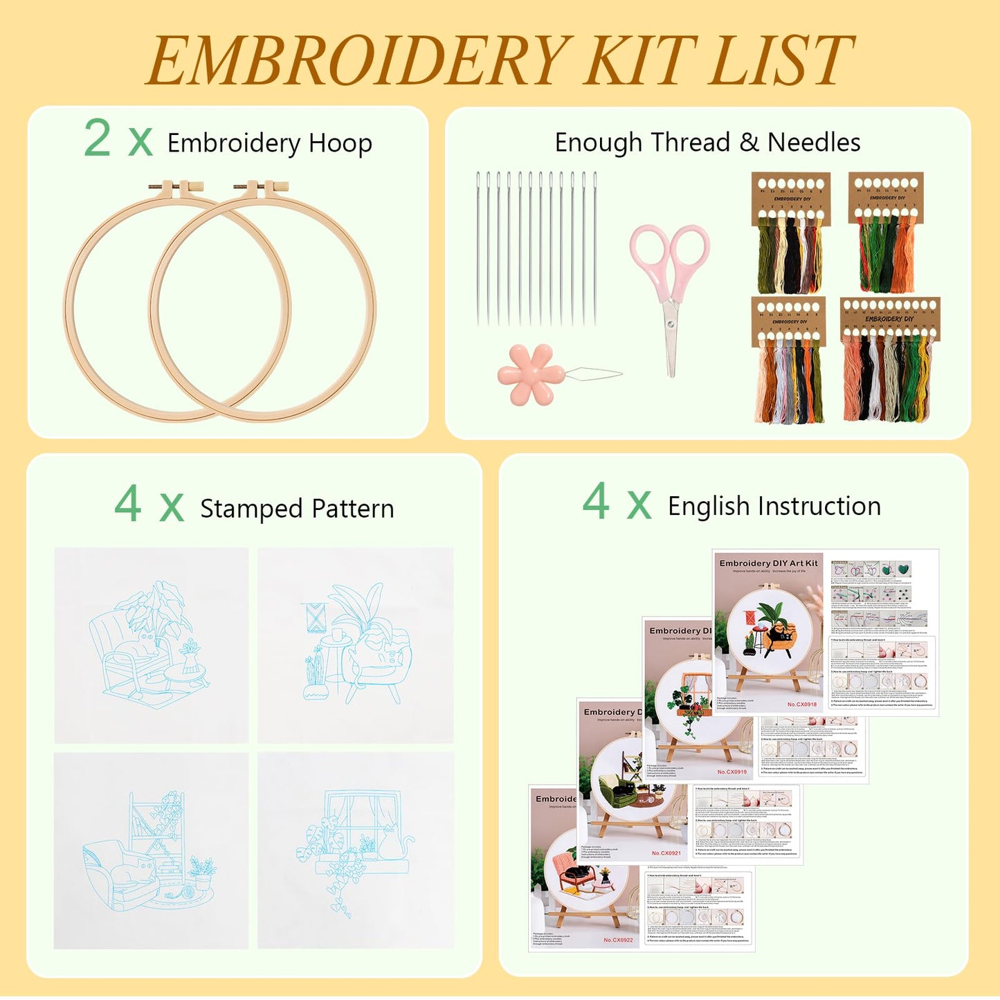 LOMOHOO 4 Sets Cat Embroidery Kit for Beginners, Cute Cat Pattern, Starter Craft DIY Embroidery Sets (Black Cat)