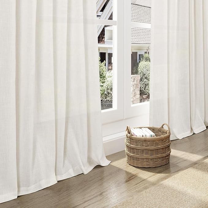 Nanspring Beige White Linen Curtains 84 Inches Long for Living Room Privacy Semi Sheer Curtains Back Tab and Rod Pocket Cotton Textured Coastal Decor Curtain for Bedroom Dinner Room 70x84, 2 Panels