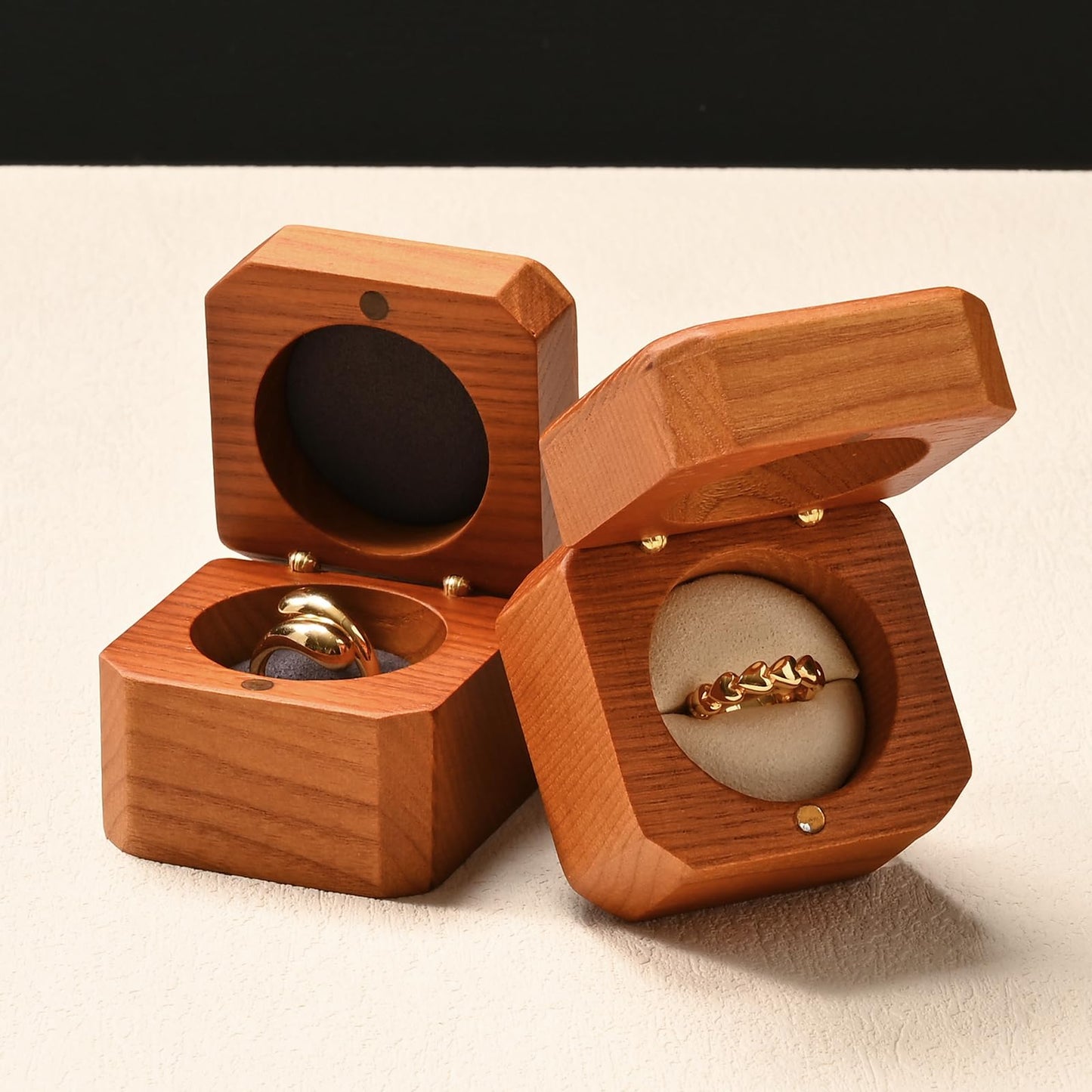 Woodten Jewelry Engagement Proposal Ring Box Solid Wood Single Octagonal Ring Box for Proposal, Wedding(Beige)