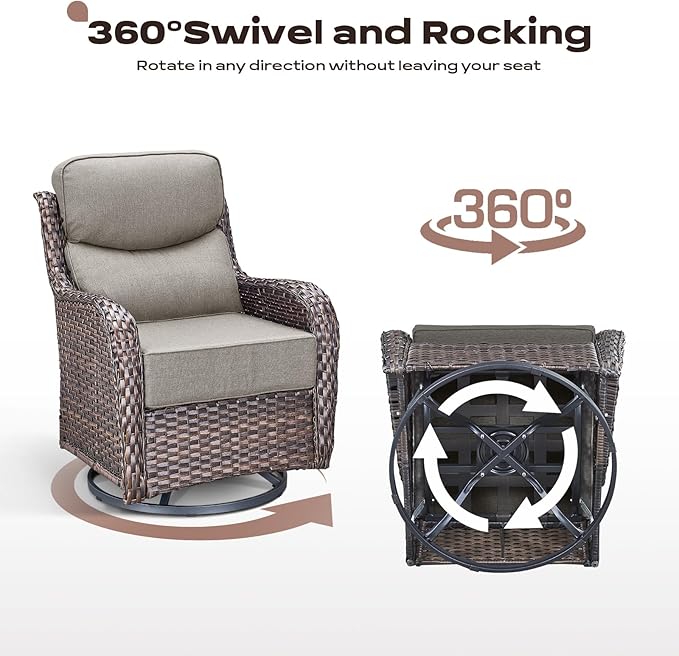 Rilyson Wicker Outdoor Patio Furniture Set - 5 Piece Patio Conversation Sets with Swivel Rocker Chairs, Ottomans and Side Table, 6 inch Cushions, Waterproof Wicker, for Porch Deck Brown/Beige