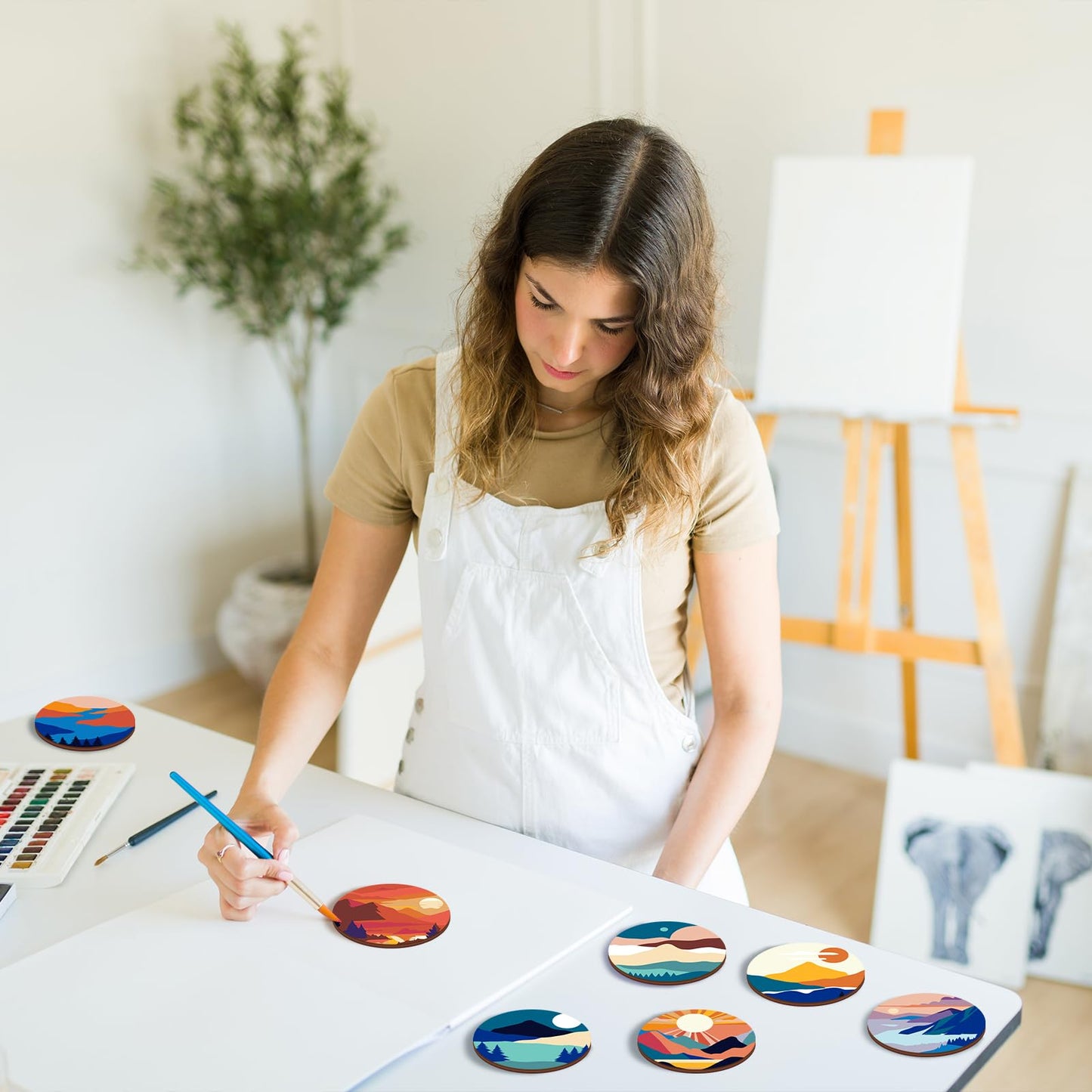 Reallnaive 8 Pcs Mountain Paint by Numbers Kit for Adults Cute Coasters with Holder Mini Paint by Numbers Kits Round Oil Painting Drink Coaster for Small DIY Craft Birthday Gift