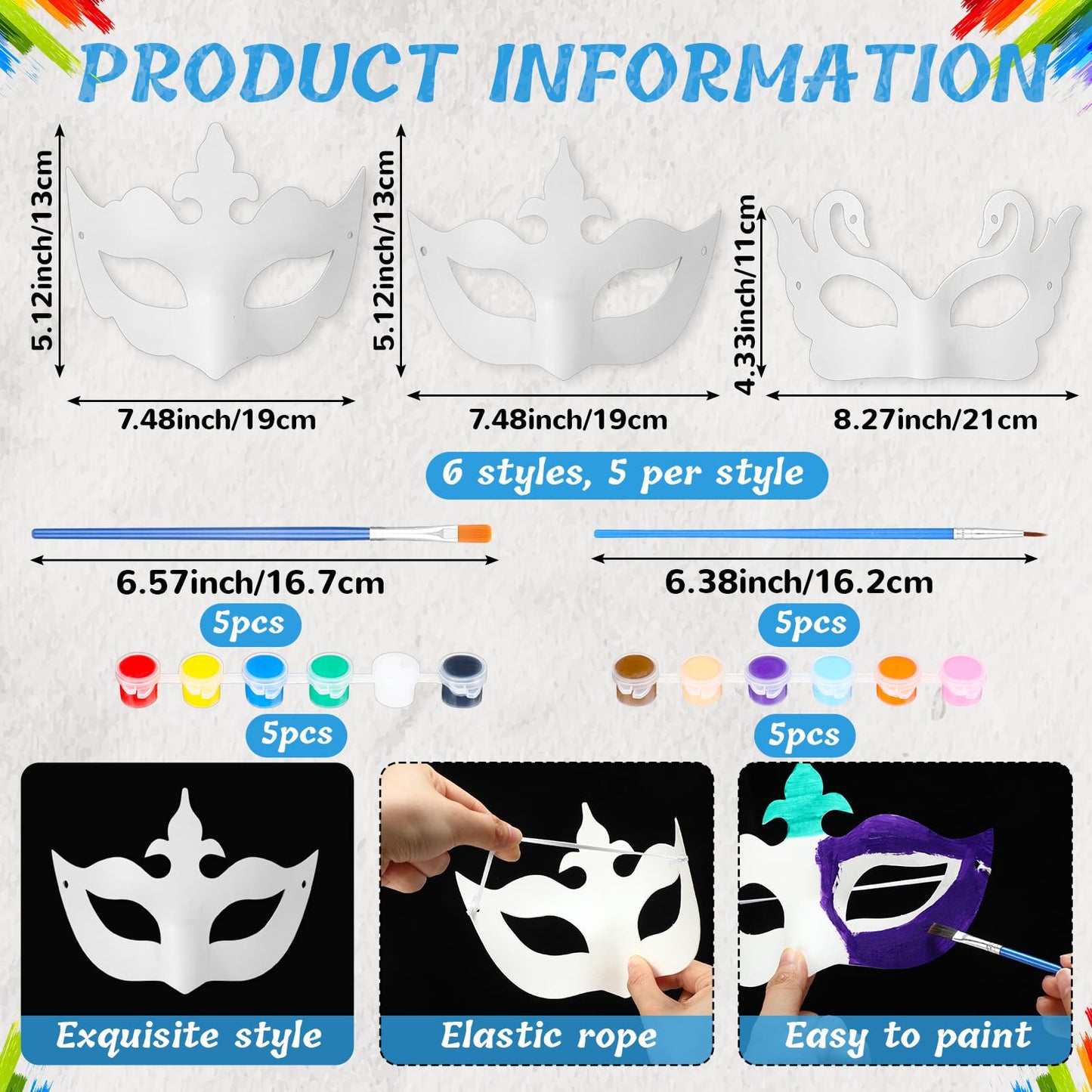 HyDren 30 Sets Mardi Gras DIY White Masquerade Mask Craft Half Face Paintable Blank Paper Mask for Cosplay Party Supplies