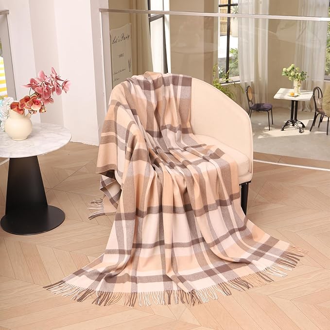 Throw Blanket Plaid with Carry Bag | Soft Wool Travel Blanket 55"x83" 1.5lbs | Beige Plaid Decorative Throw for Couch, Camping & Gift
