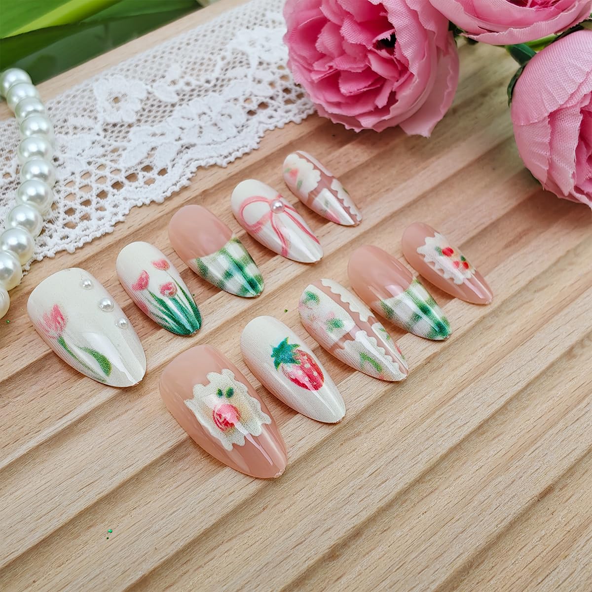 30Pcs Spring Press on Nails Medium Almond Fake Nails with Small Flower Strawberry Full Cover Cute Glue on Nails Green French Tip False Nails Bow Acrylic Nails Pink Artificial Stick on Nails for Women