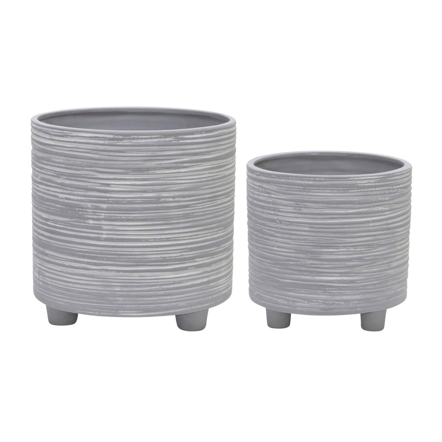 Set of 2 Footed Planters with Ridged Lines Accent – Ceramic Stoneware Outdoor & Indoor Plant Pot – Modern Garden & Home Decor Ceramic Planters – Stylish Pot for Plants – 6" & 8", Gray