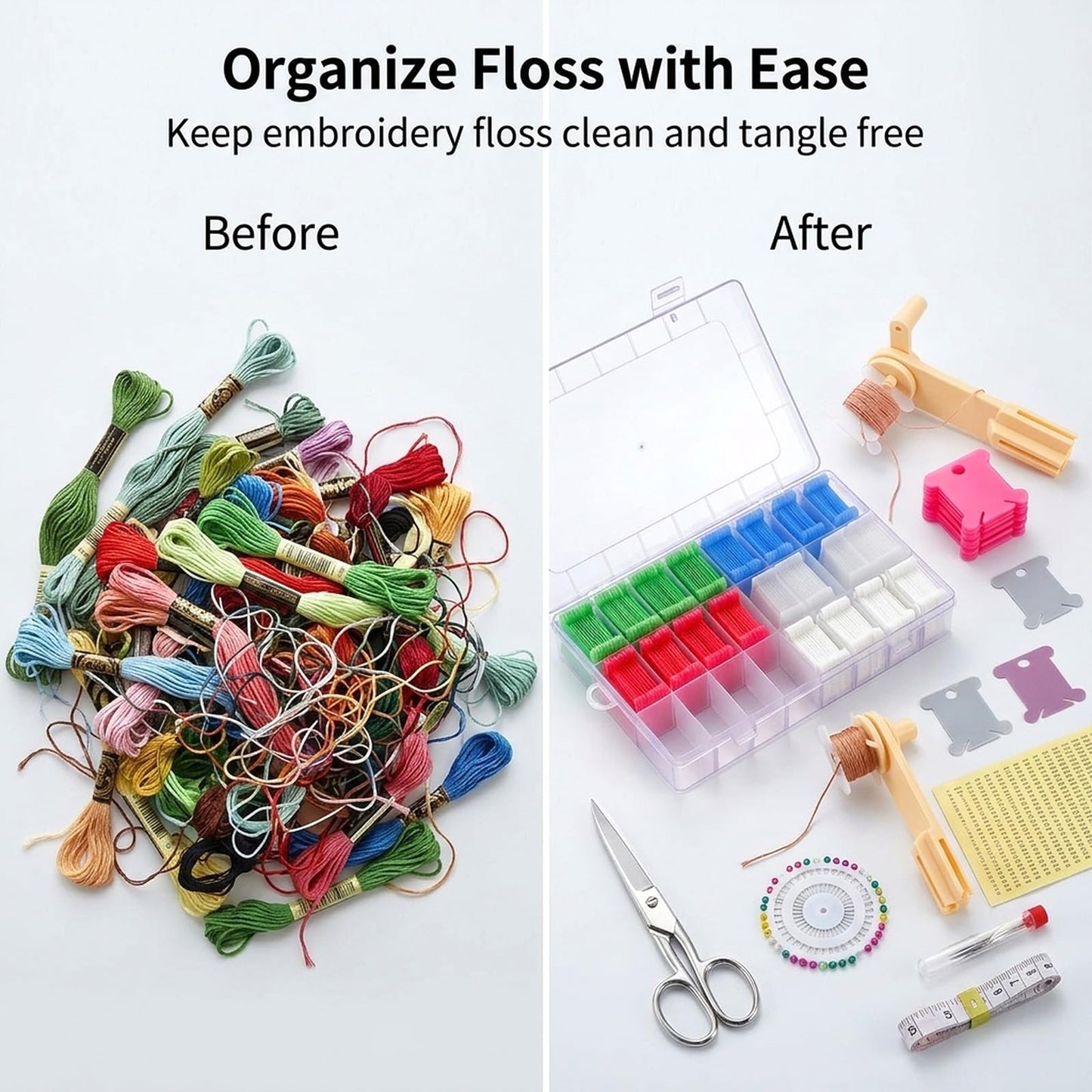 Complete Embroidery Floss Organizer Kit: 2 Removable 24-Grid Thread Storage Boxes with 300 Bobbins, 2 Winders & Labels - Ultimate Embroidery Thread Organizer for Cross Stitch & DIY Crafts