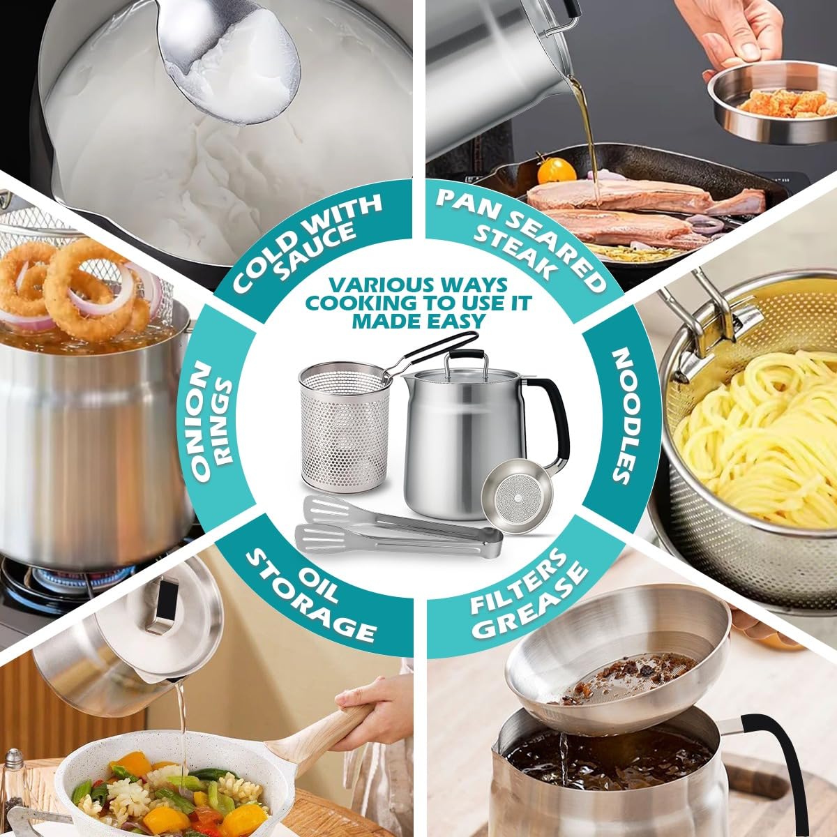 68oz 3-in-1 304 Stainless Steel Oil Filter Pot with Fine Mesh Oil Strainer & Tong, Heat-Resistant Handle, 2LCapacity Bacon Grease Container for Kitchen & Camping,Multi-Functional Frying Oil Container.