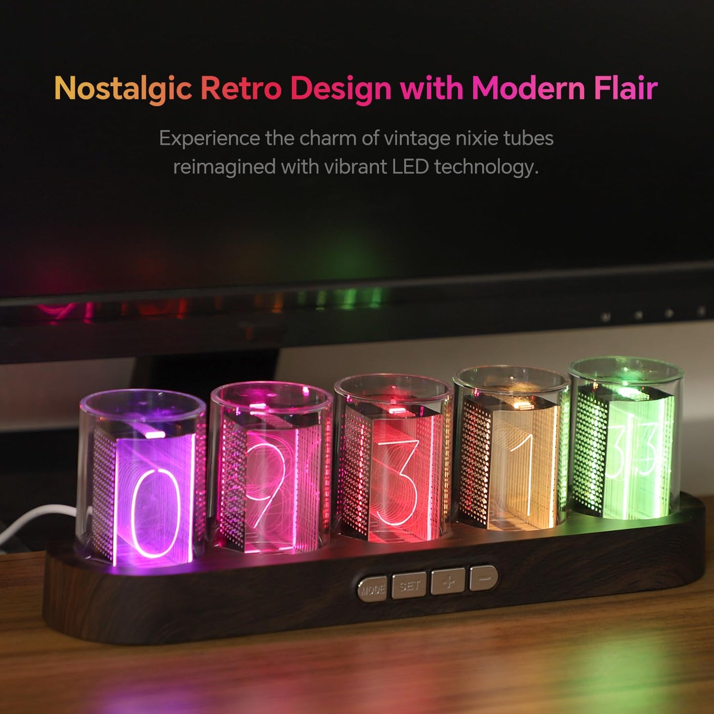 XEANIXIE Retro Simulate Nixie Tube LED Gaming Clock – 9 RGB Modes, 12/24H Switch, USB-C Powered, Plug & Play (Gift Box, ABS/Alloy)