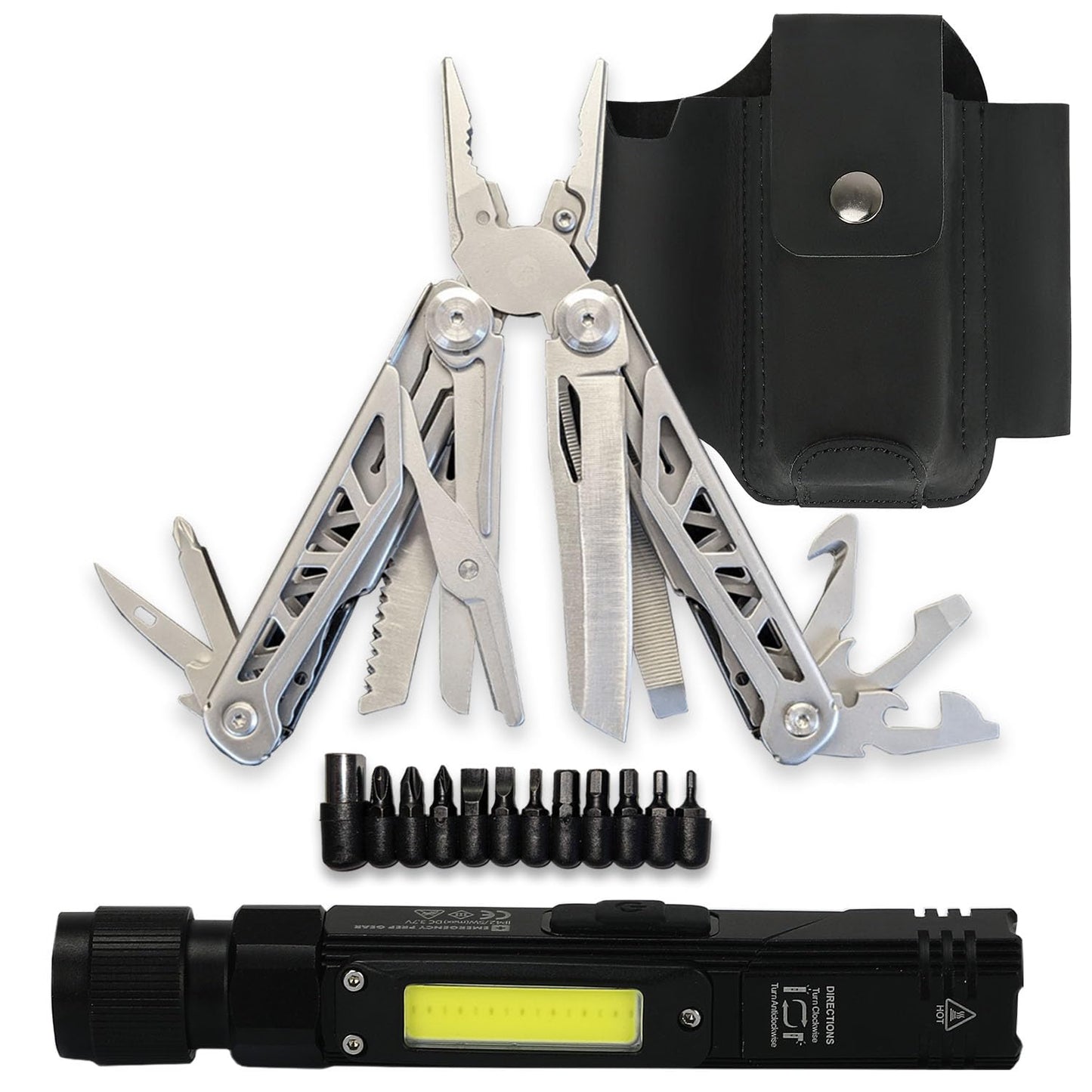EPG Heavy Duty Multitool Bundle: Leather Case, Multi-Function Flashlight, Screwdriver Bits, 18 Stainless Steel Locking Tools, EDC Gear with Pliers, Bottle Opener, Box Cutter and More, Fits in Pocket