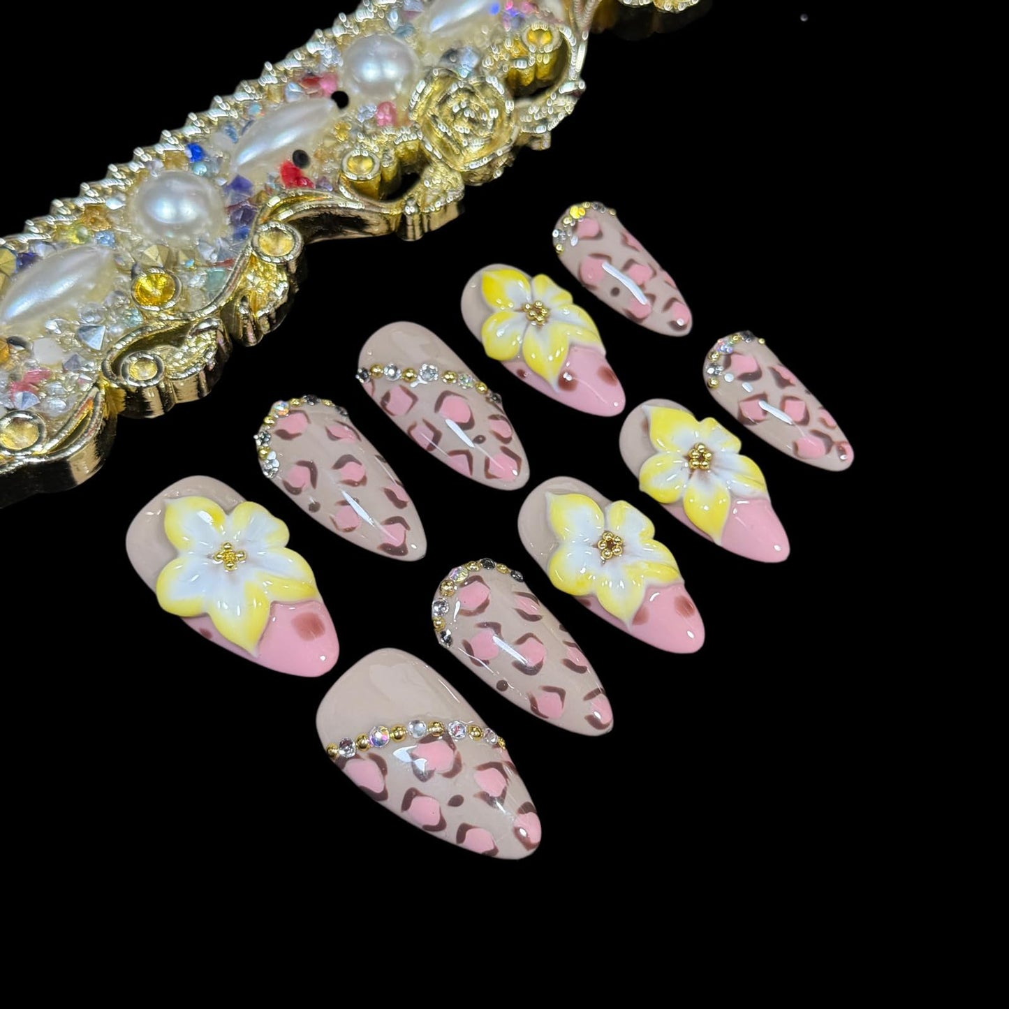 Handmade 3D Flower Leopard Press On Nails, Almond Shape, Vintage Deisgn Nude Pink with Rhinestones, Reusable Acrylic Thick False Nails Wild Meets Chic (M)