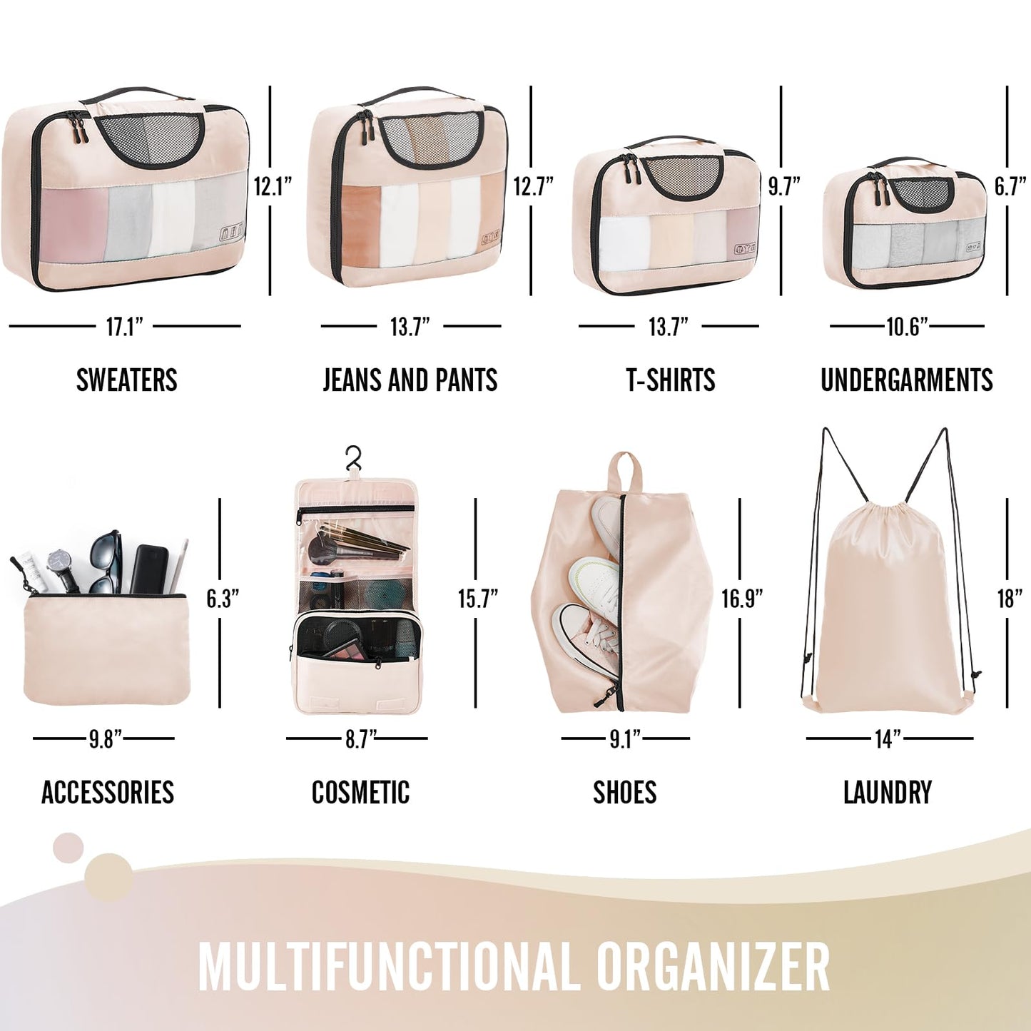 8 Set Packing Cubes for Luggage,Suitcase Organizer in 4 Sizes with Hanging Toiletry Bag and Large Laundry Bag, Carry-On Luggage with Accessories Bag, Cream