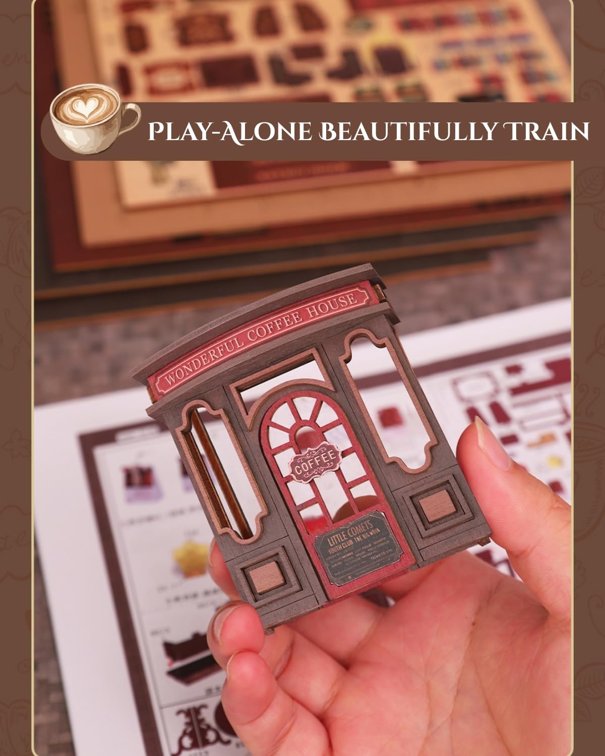 Merrifete Letter Coffee DIY Miniature House Kit with LED Light - Assembled Dollhouse Kit for Shelf Decor - Wood 3D Puzzles Tiny House Book Nook - Creative Gift for Adults at Birthday Christmas