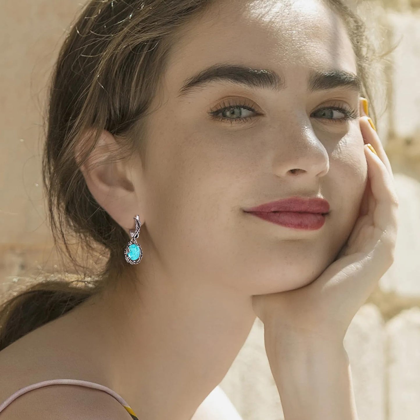 Phyonio Western Blue Oval Turquoise Dangle Earrings for Women Leaf Vine Flower Latch Back 925 Sterling Silver Earring Vintage Oxidised Boho Jewelry Valentines Day Gift for Wife