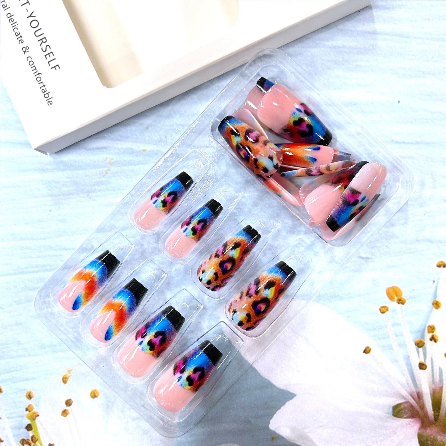 Leopard Press on Nails Long Leng Ballet Shaped Black French Tip Acrylic Fake Nail Colorful Leopard Pattern Design Flash Artificial Fingernails Full Cover Glossy Press Ons Glue on Nails for Women