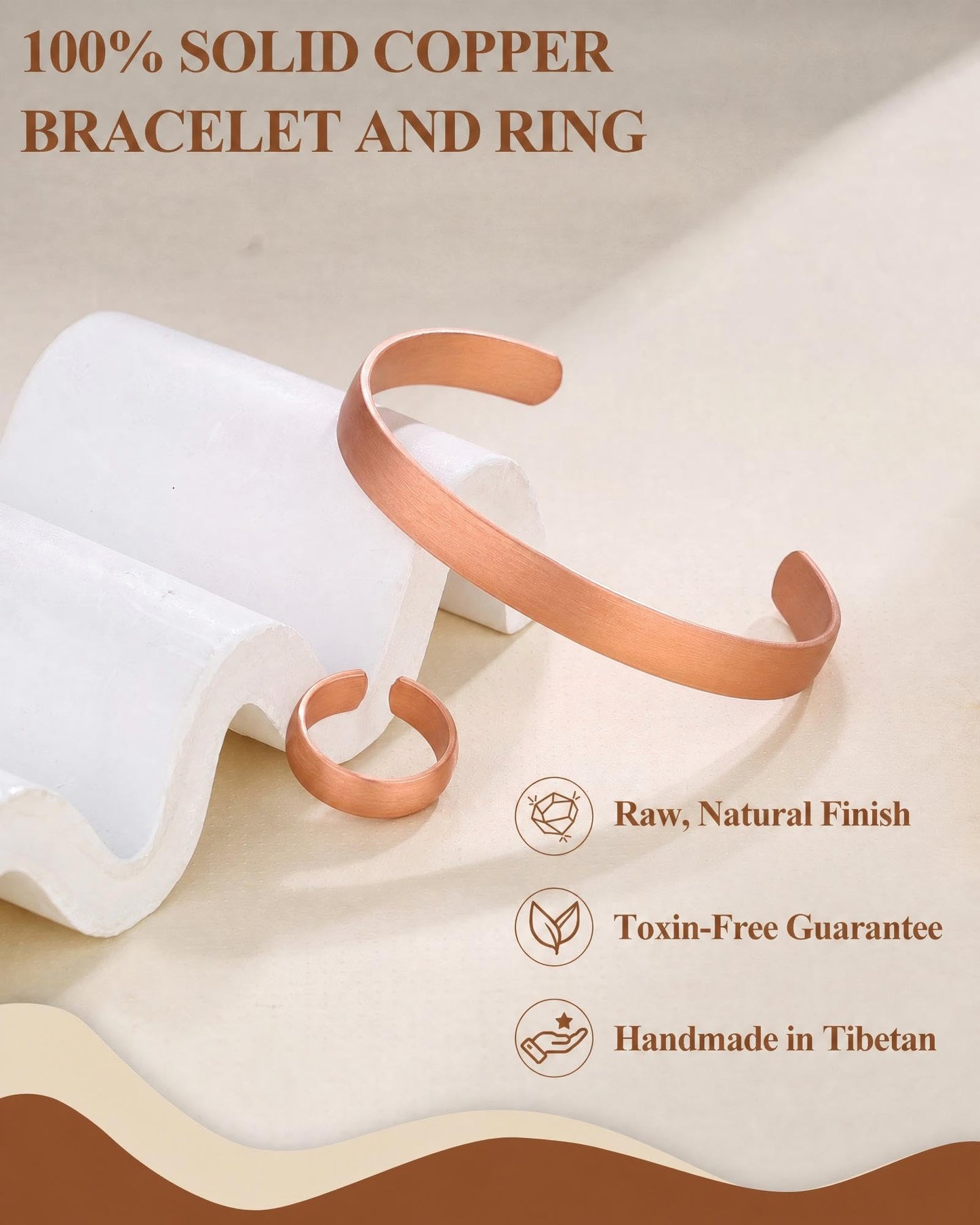 Fashtour Pure Copper Bracelet and Ring Set – Copper Bracelet for Men & Women – 100% Solid, Raw & Uncoated Handmade Hammered Tibetan Cuff Bangle (copper076-set)