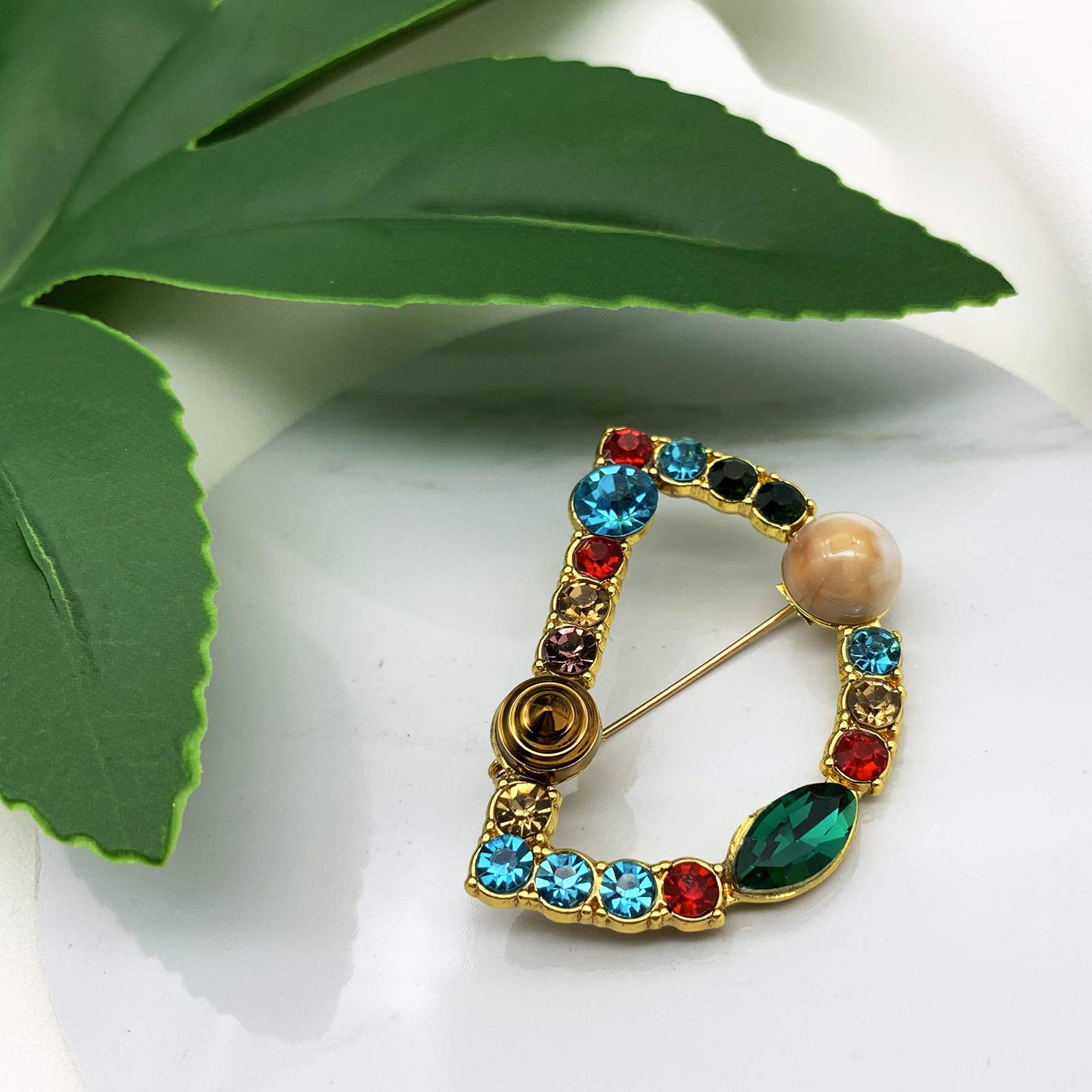 XGALBLA Letters D Plated Metal Stone Clear Colorful Crystal Lapel Pin Brooches Collar(Gold Tone)