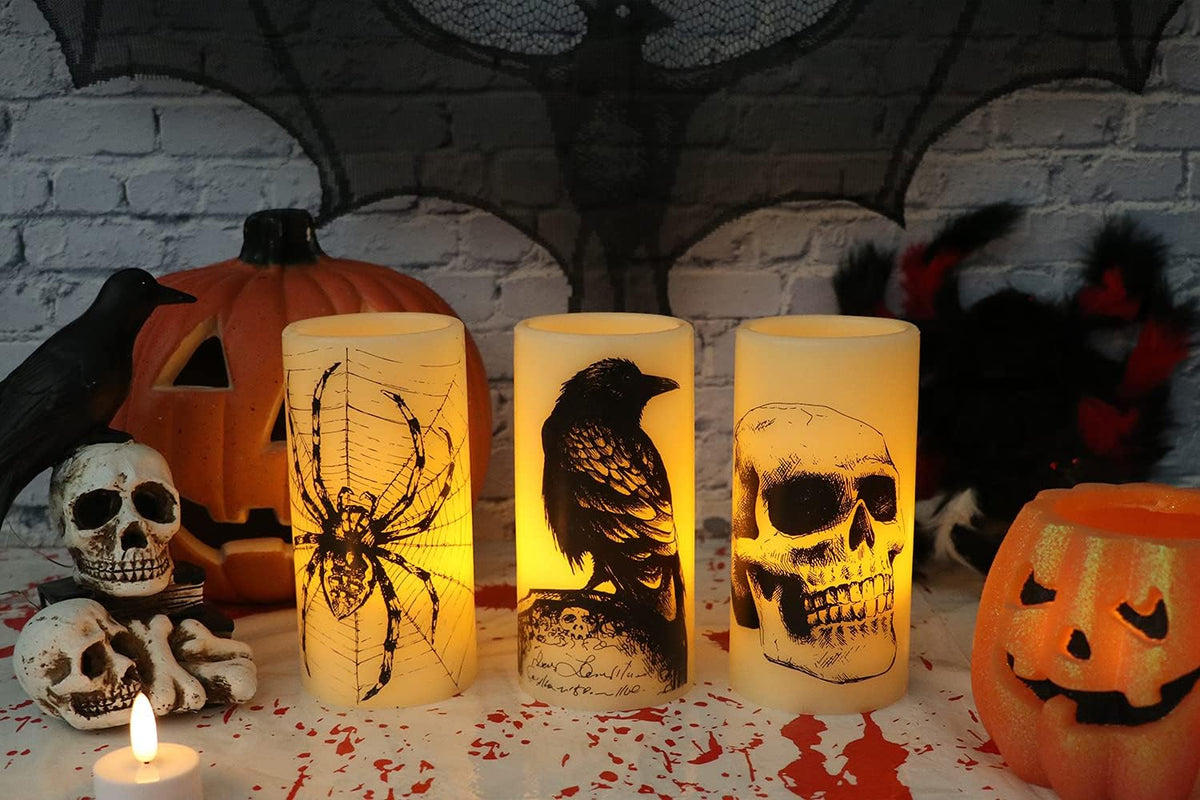 Halloween Flameless Candles with 6H Timer, LED Pillar Candles mit Skull, Spider Web, Crow Raven Decals Set of 3, Battery Operated Real Wax Candles, Halloween Decor Horror Gothic Punk