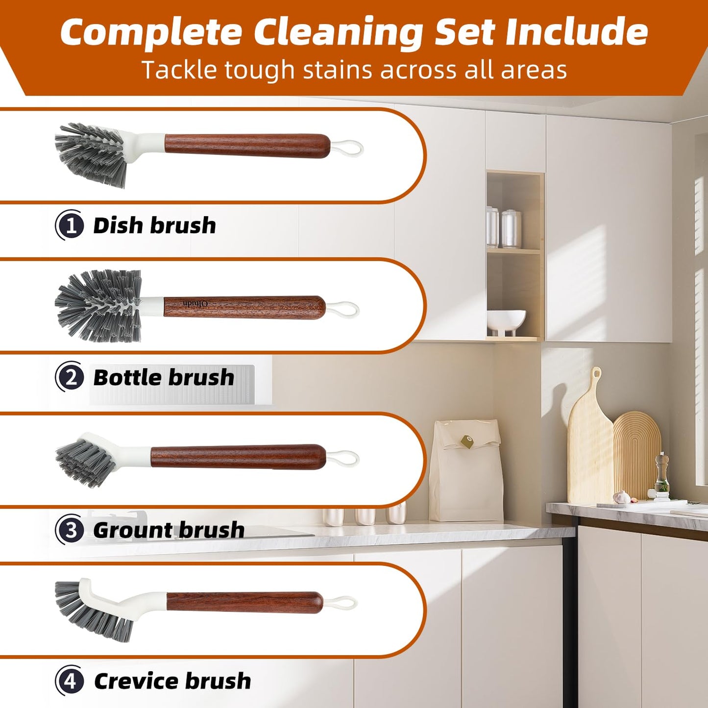 QLTUDN 4-Pack Heavy Duty Scrub Brushes with 11" Sapele Wood Handle – PBT Bristles & TPR Loop – Kitchen, Bathroom, Grout, Dish & Tile Cleaner – Durable Non-Slip Multi-Surface Cleaning Brush Set
