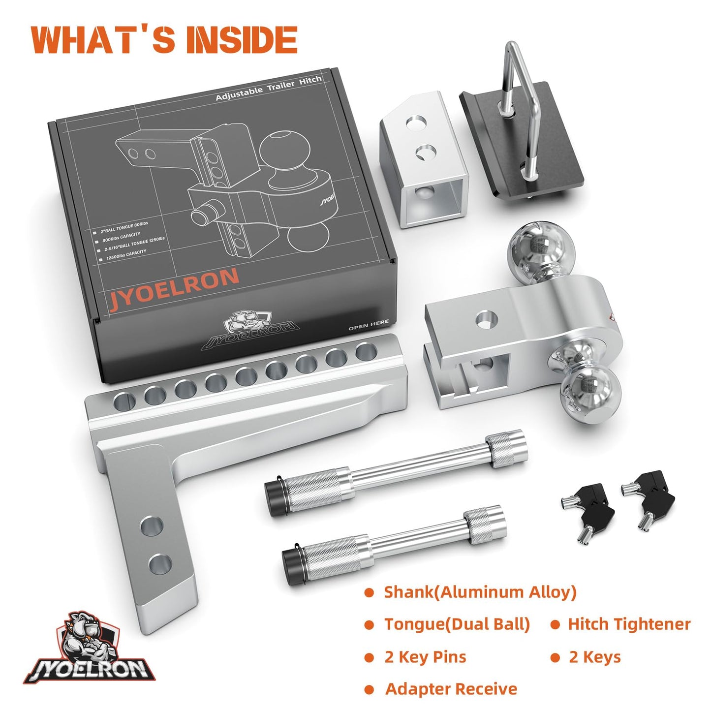 Adjustable Aluminum Trailer Hitch Ball Mount for 2" Receiver, Includes 2.5" Sleeve Adapter, 8" Drop/Rise, Dual Ball 2" & 2-5/16", 12,500 lbs GTW, Hitch Tightener with Locking Pins