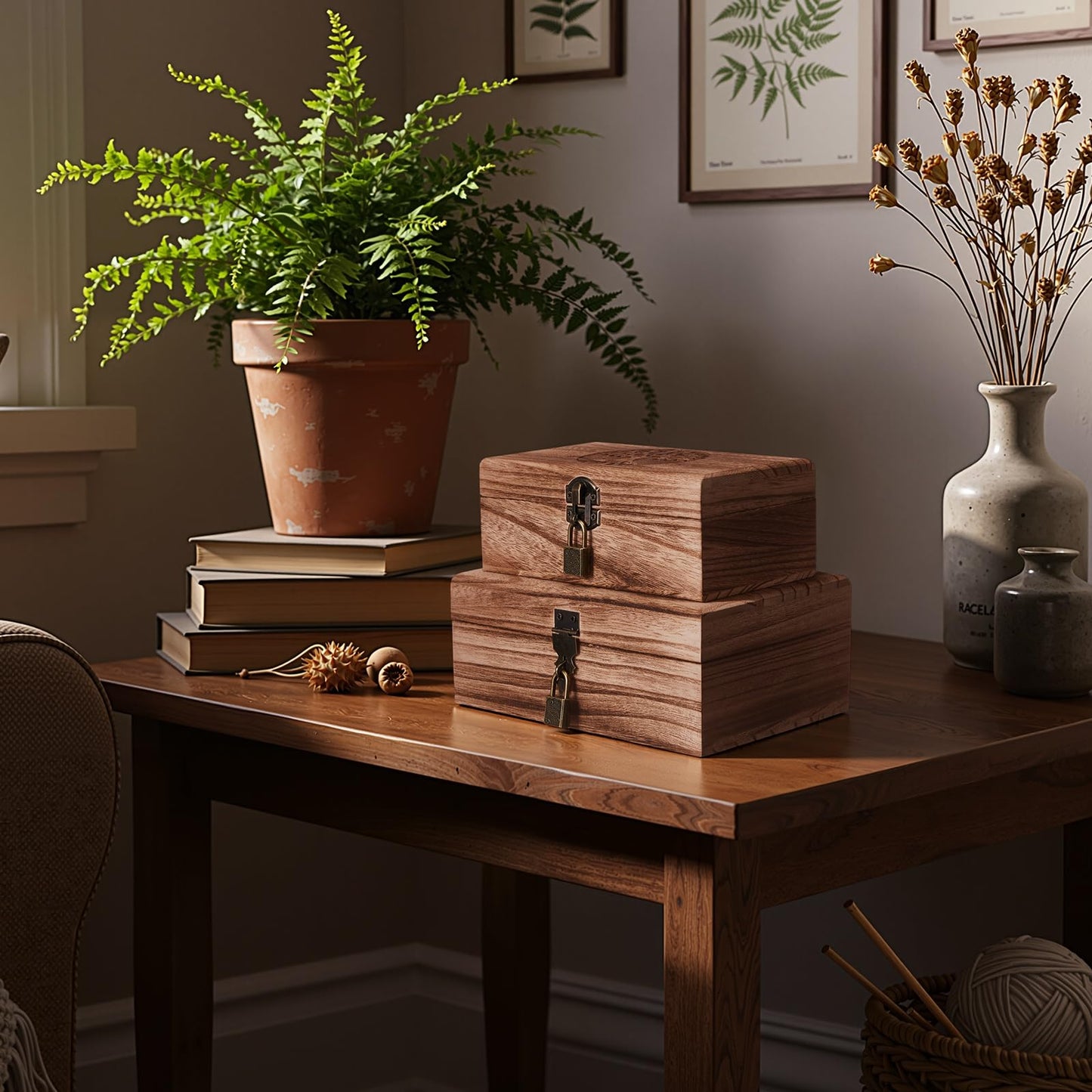 Vicenpal 2 Wooden Tree Keepsake Boxes with Lock, (8x5x3.2 inch & 7x3.7x2.8 inch), Handmade Decorative Treasure Chest Box, Gift Ideas for Men & Women Jewelry Rings Storage