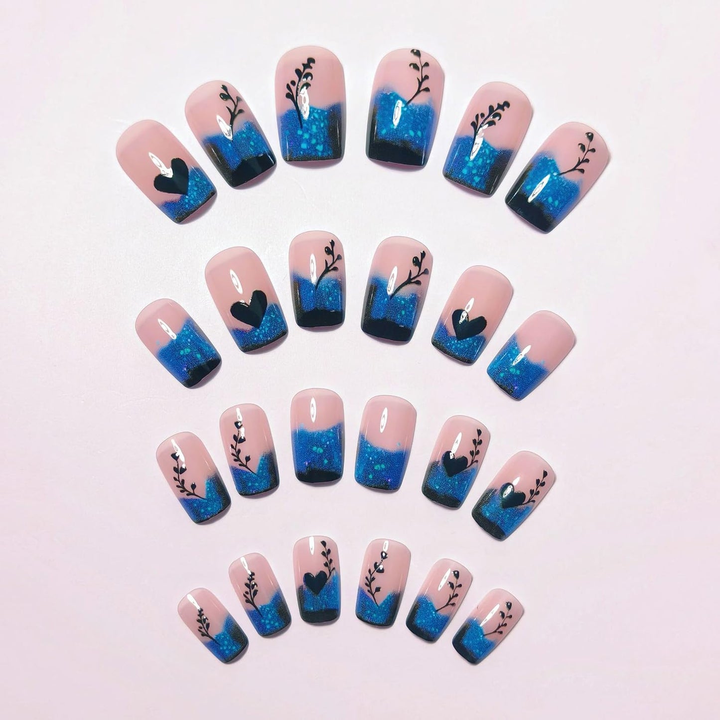 24 Pcs Blue Gradient French Tip Press on Nails Short Square Shaped False Nails Heart Love Pattern Designs Glitter Acrylic Fake Nails Full Cover Glossy Artificial Stick on Nail Women Nail Art DIY