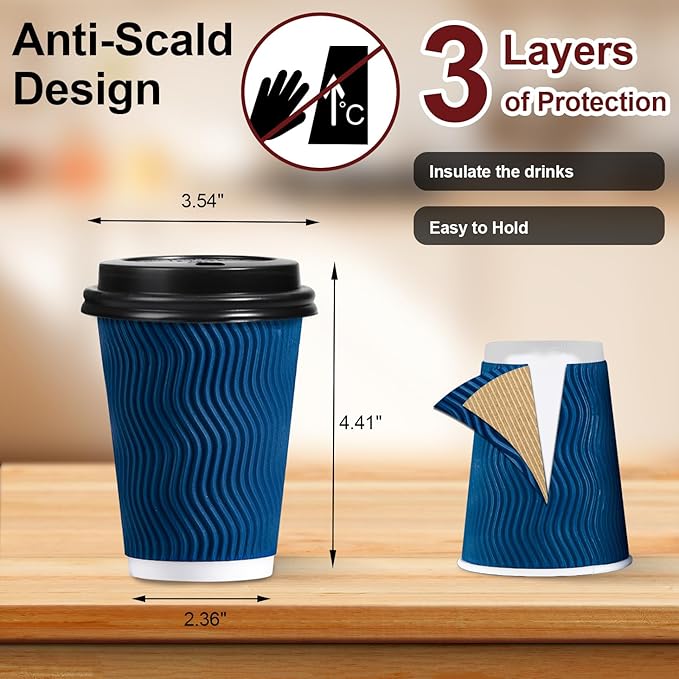 Lamosi 12 OZ Disposable Coffee Cups with Lids 50 Pack, Hot Paper Insulated Corrugated Ripple Wall Cup for To Go Drinks and Beverages