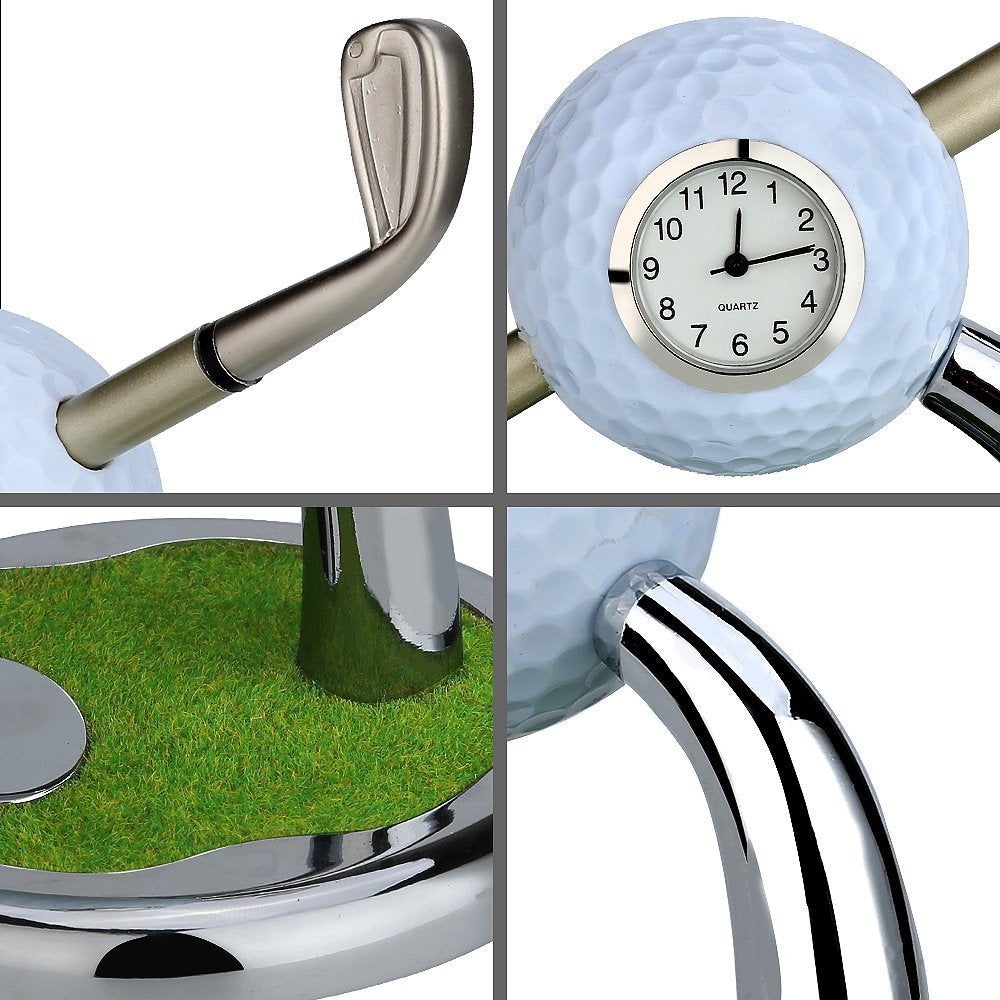 10L0L Golf Pen Holder with Clock Unique GIfts for Men, Mini Desktop Holder, Compatible with Enthusiasts Funny Business Gifts Includes Pen Set of 2 Office Desk Accessories- White