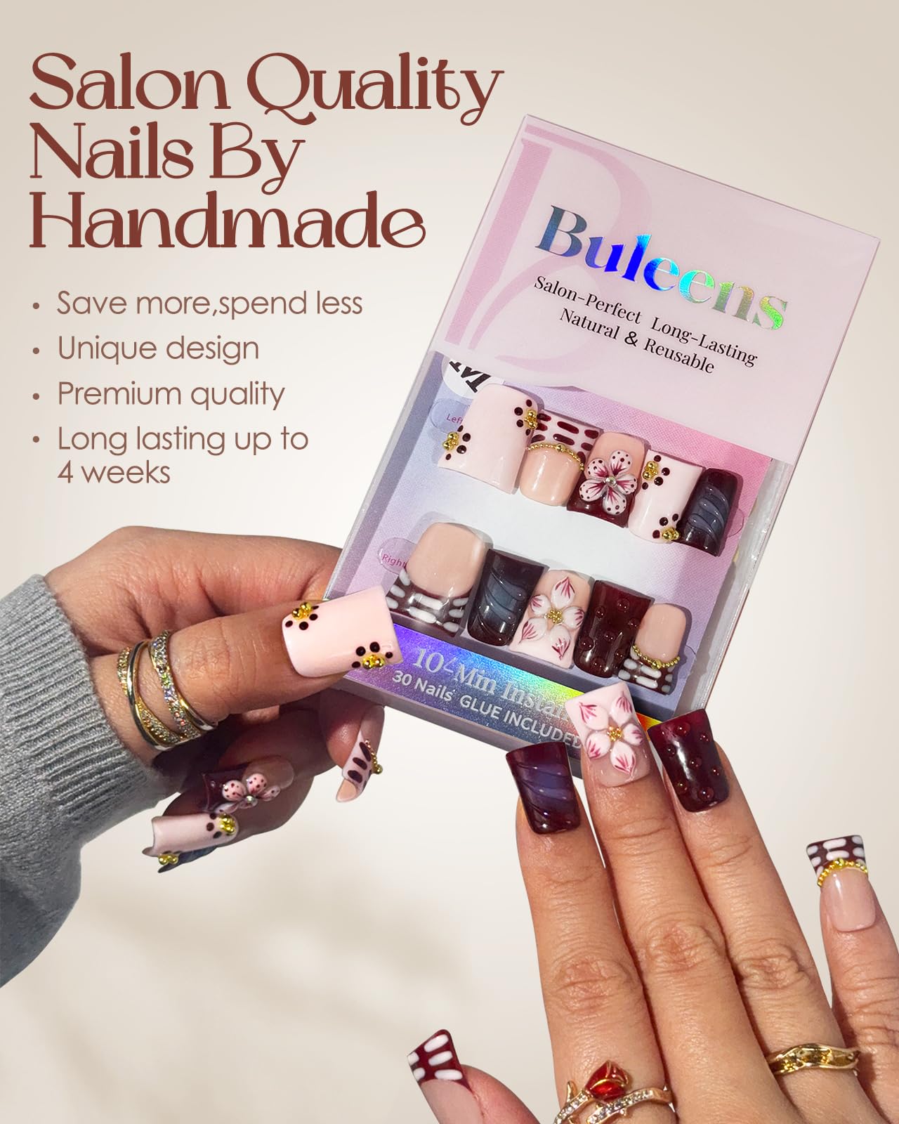 Buleens Handmade Press on Nails Acrylic Duck Nails-10pcs Short Elegant Burgundy Floral Gold 3D Fake Nails Kits with Glue