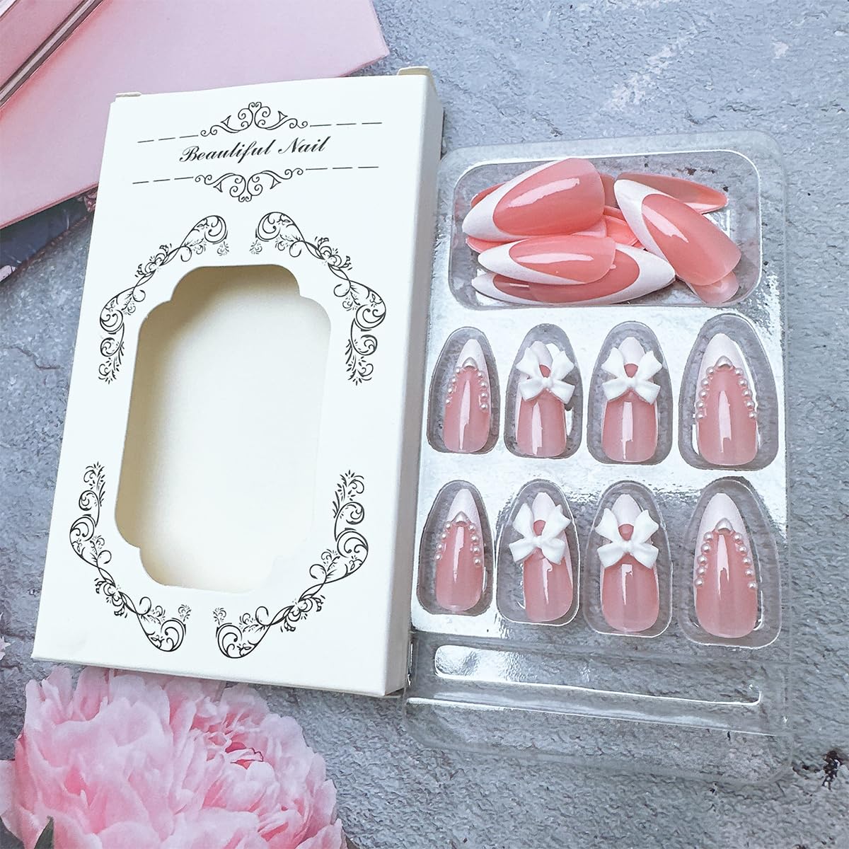 FDSQHSA 24 Pcs White French Tip Press on Nails Short Almond Gel False Nails with Pearl Designs Bow, Full Cover Stick on Nails for Women And Girl