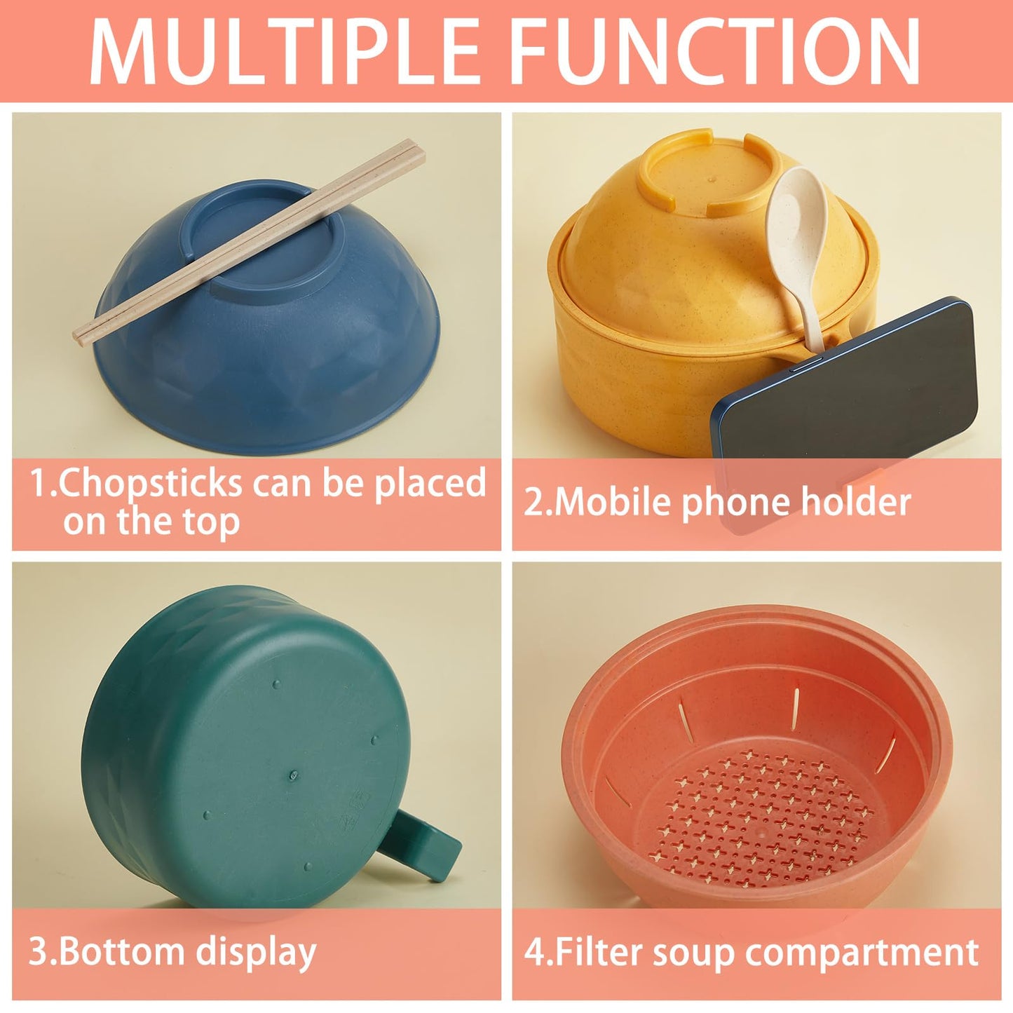 Romooa 4 Sets Microwave Ramen Cooker Set 33 oz Quick Ramen Bowl Set Microwave Noodle Cooker with Handle Noodle Bowl with Spoon Chopsticks Fork College Dorm Room(Multicolor)