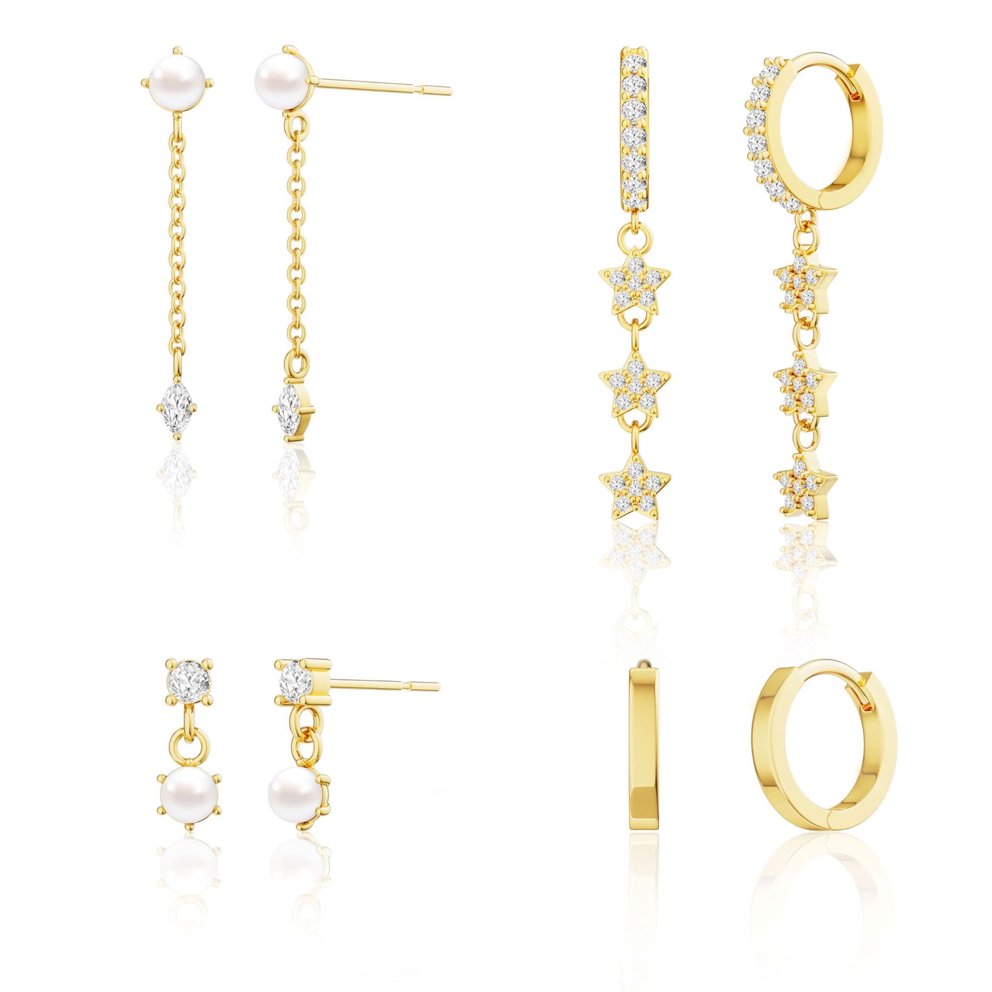 Moodear Dainty Pearl Drop Hoop Earrings for Women - Trendy 14K Gold Plated Dangle Stud Chain Baroque Pearls Hypoallergenic Earring Sets for Multiple Piercing