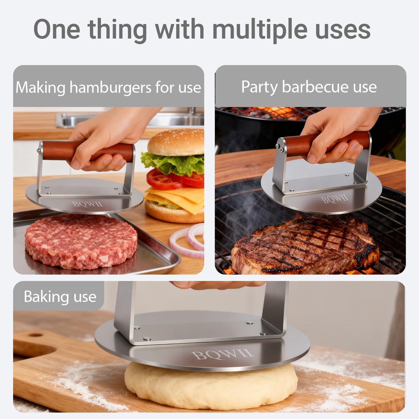 BQWII 6.3inch Burger Press, Round Stainless Steel Meat Patty Pressing Tool, Suitable for Burger Patties, Steaks, BBQ, Bacon,Baking, Grill Press with Wood Handle